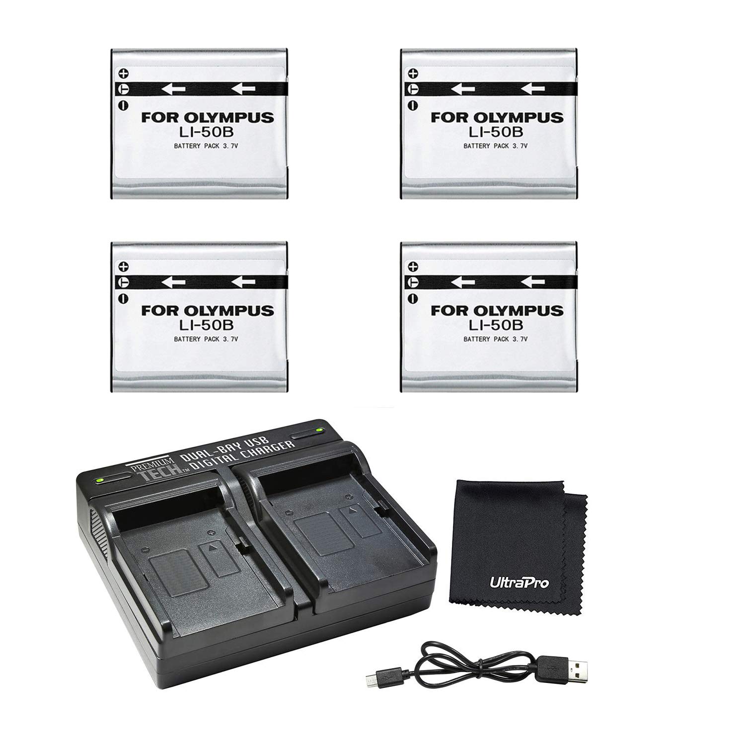 UltraPro 4-Pack LI-50B High-Capacity Replacement Batteries with Rapid Dual USB Charger for Olympus OM-D E-M10 Mark IV, E-M5 Mark III, PEN E-P7 Cameras - Includes Microfiber Cleaning Cloth | Perfect for Travel Photography & Vlogging