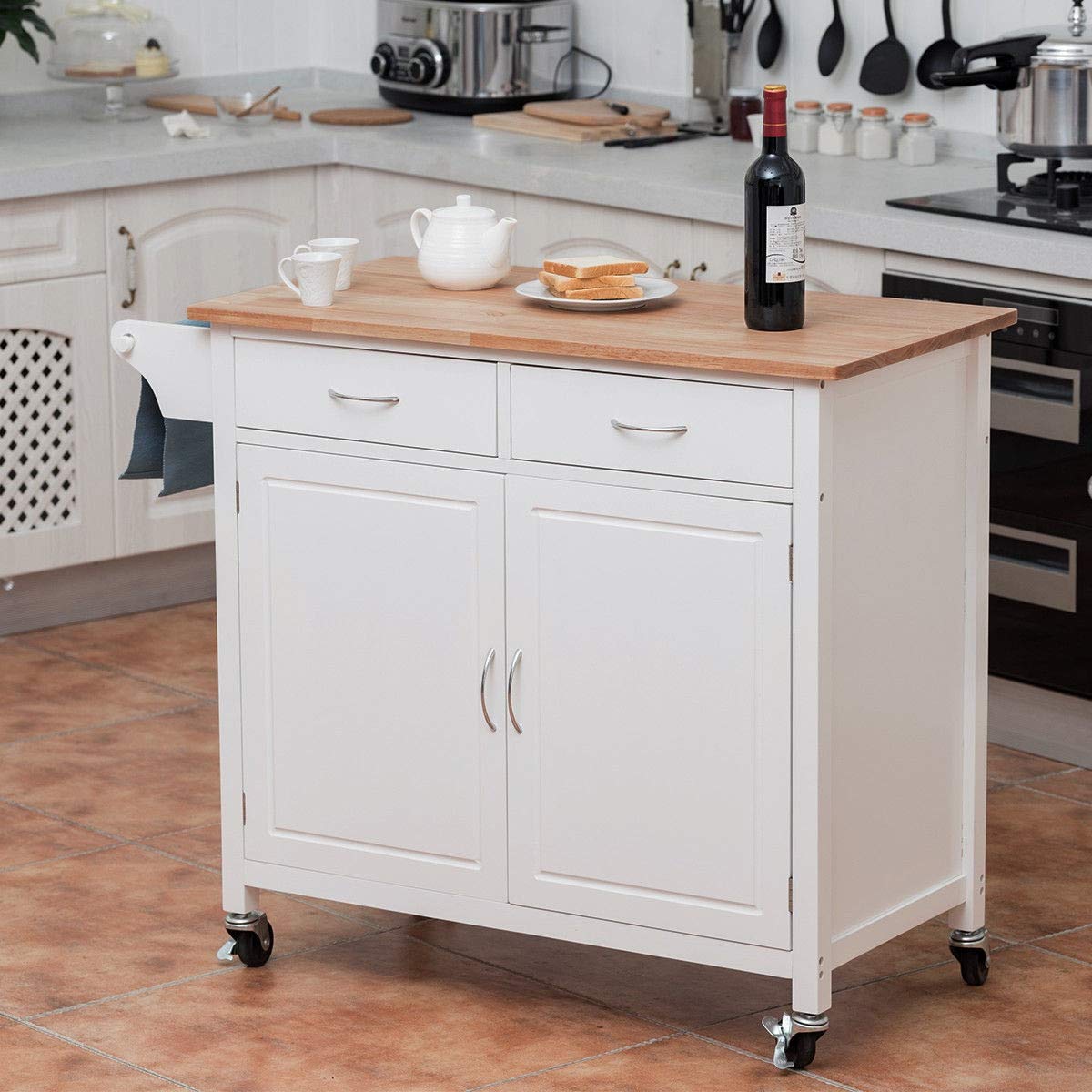 Modern White Kitchen Island Cart with Double Drawers, 2-Tier Shelf & Cabinet Door - Pine Wood Top Rolling Serving Cart for Food Prep, Storage & Towel Organization - Perfect for Small Kitchens, Dining Rooms & Buffet Serving