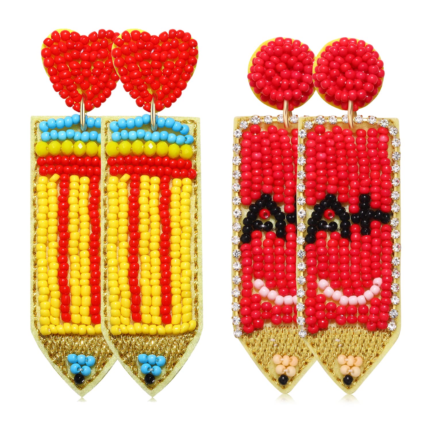 Boderier 2 Pairs Beaded Smiley Face ABC Teacher Pencil Drop Dangle Earrings - Funny Teacher Appreciation Gift & Back to School Jewelry for Women - Perfect for Classroom, Teacher's Day & School Events