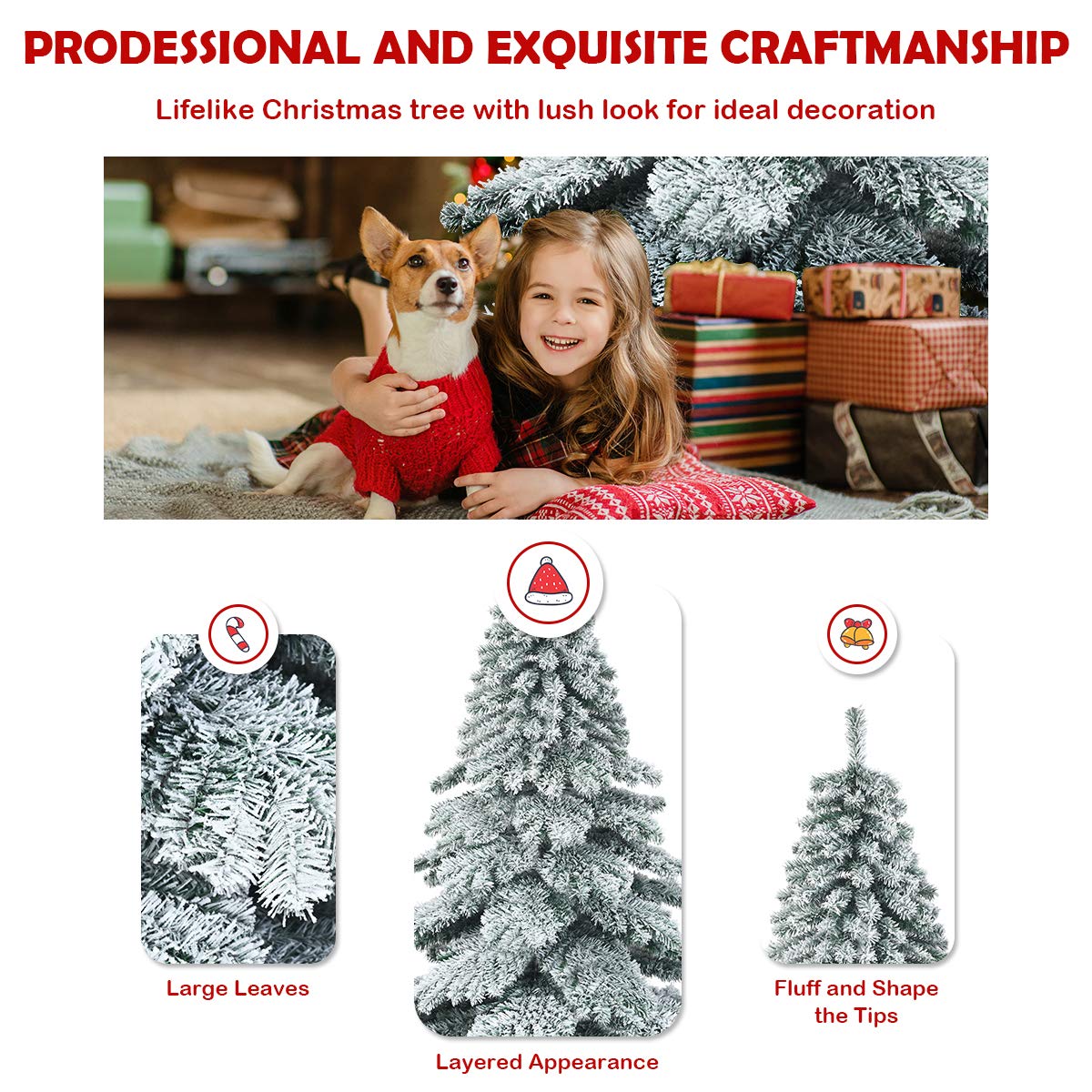 GOFLAME 7.5ft Snow Flocked Artificial Christmas Tree with Metal Stand - Realistic Hinged Fir Tree | 100% PVC Material | Easy Setup for Holiday Decor | Perfect for Living Room, Office & Christmas Party Decorations