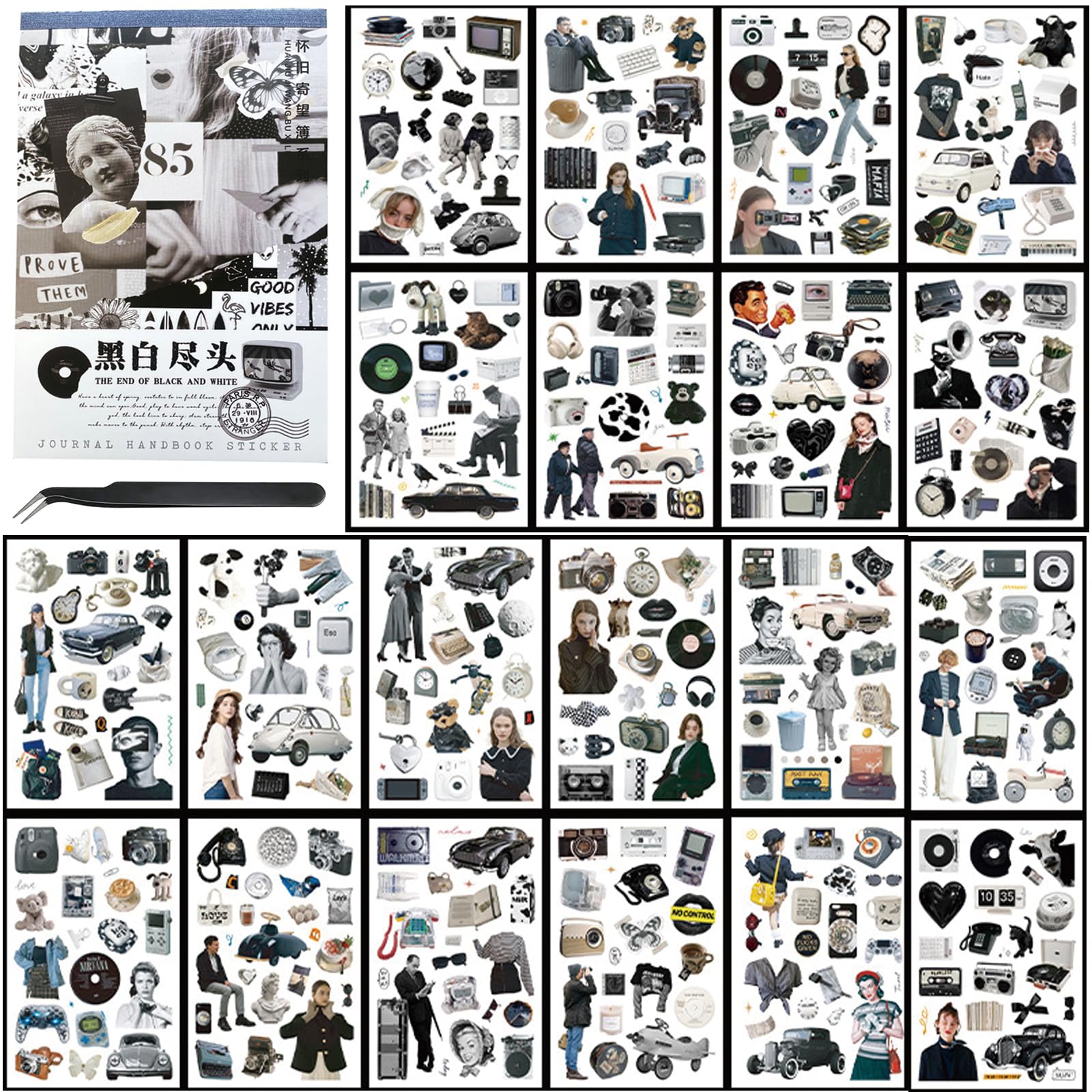 Vintage Washi Stickers for Journaling & Scrapbooking - 325pcs Black and White Ephemera Stickers (20 Sheets) with Free Tweezers - Perfect for DIY Paper Crafts, Bullet Journals, Planners and Memory Books