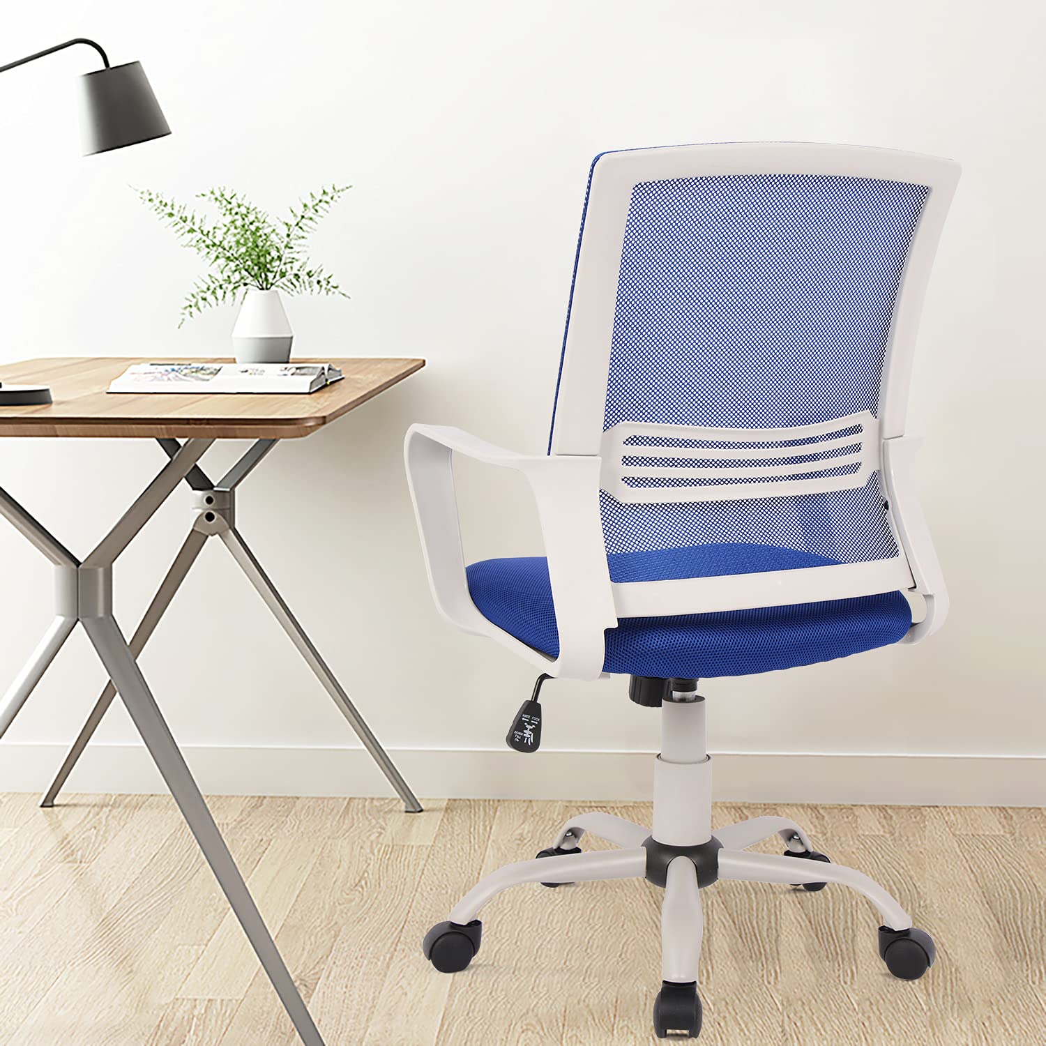 Ergonomic Office Chair with Lumbar Support - Adjustable Mesh Computer Desk Chair with Wheels & Arms for Home Office, Study, or Work - Mid Back Task Swivel Chair in Ocean Blue - Perfect for Long Hours of Comfortable Sitting & Productivity