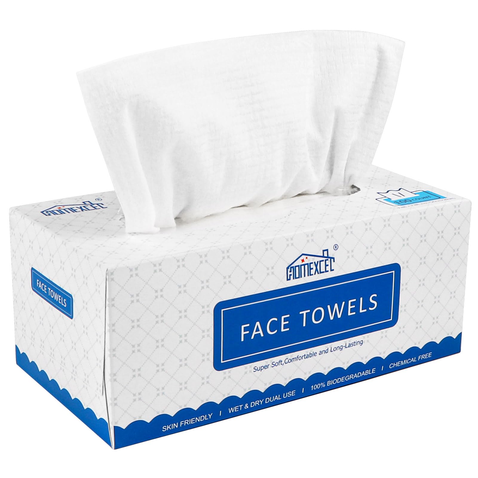 HOMEXCEL Biodegradable Disposable Face Towels - 100 Count Super Soft Makeup Remover Wipes for Sensitive Skin | Gentle Facial Cleansing & Makeup Removal | Travel, Gym & Daily Skincare Routine
