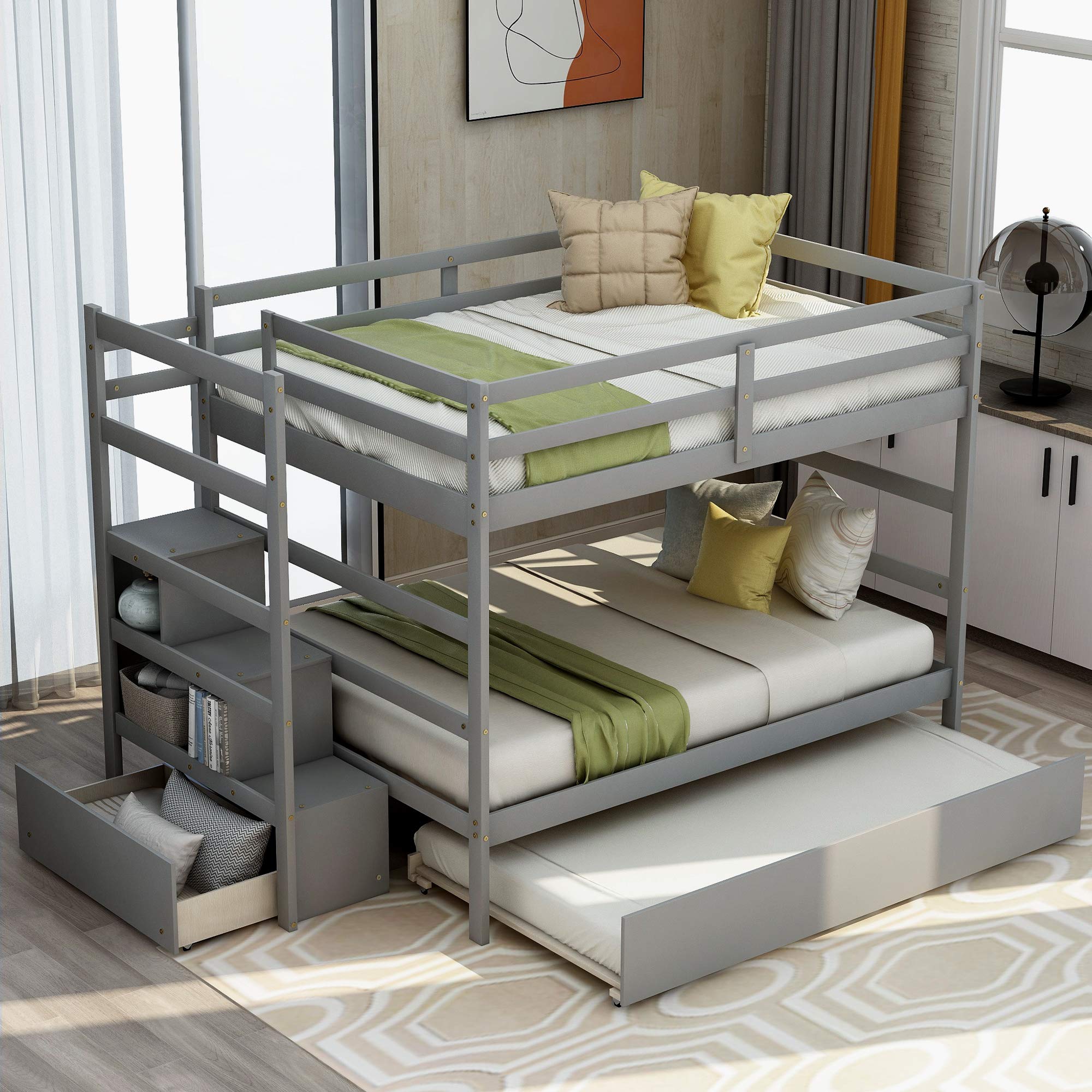 Merax Full Over Full Bunk Bed with Twin Trundle, Storage Drawers - Space-Saving Kids, Teens & Adults Bedroom Furniture (Gray) - Perfect for Small Rooms, Guest Houses & Vacation Homes