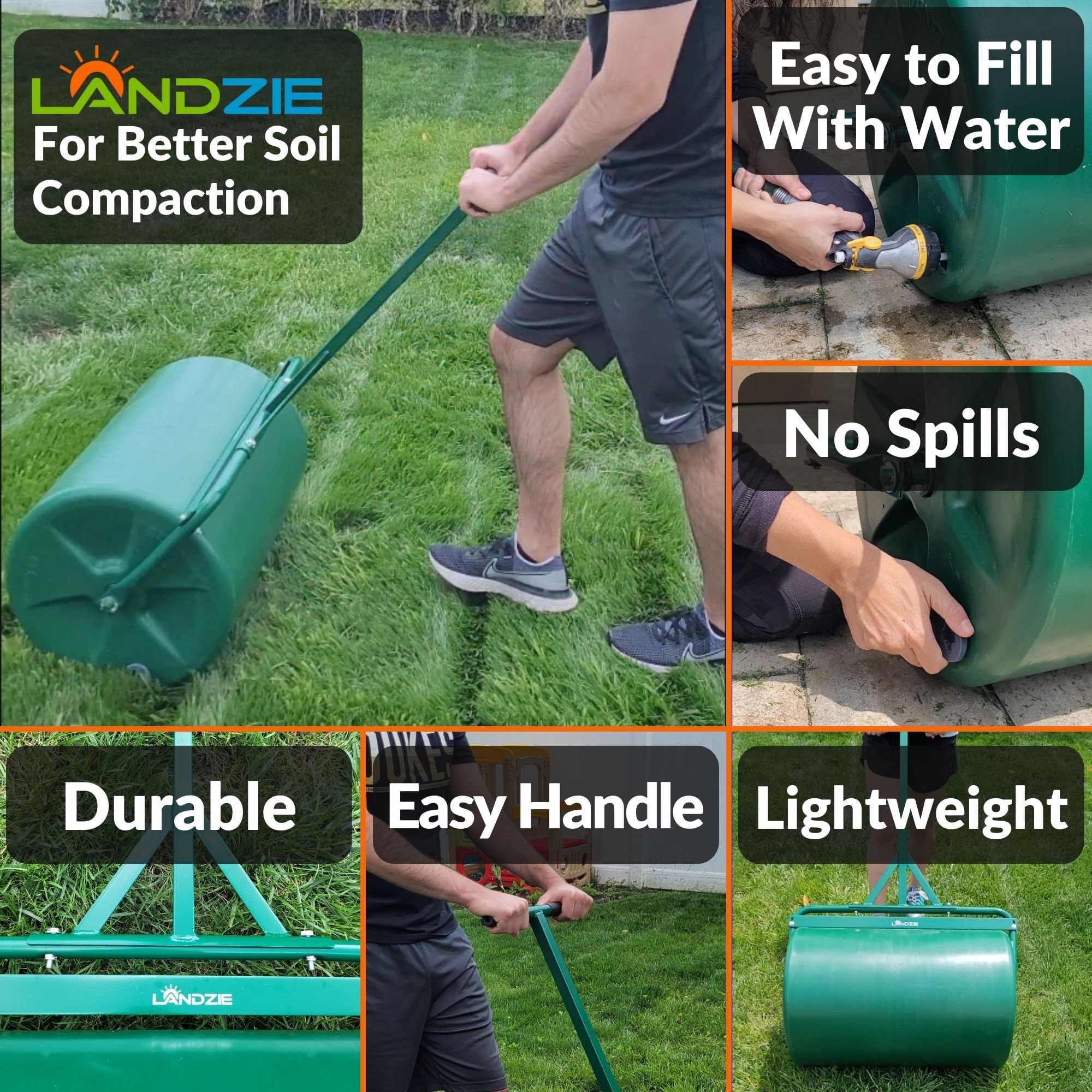 Landzie 24 Inch Poly Lawn Roller - 22.5 Gallon Heavy Duty Water Filled Lawn Roller for Grass Seed Germination, Sod Installation & Yard Leveling - Perfect for Seeding New Lawns, Repairing Bare Spots & Creating Professional Lawn Stripes