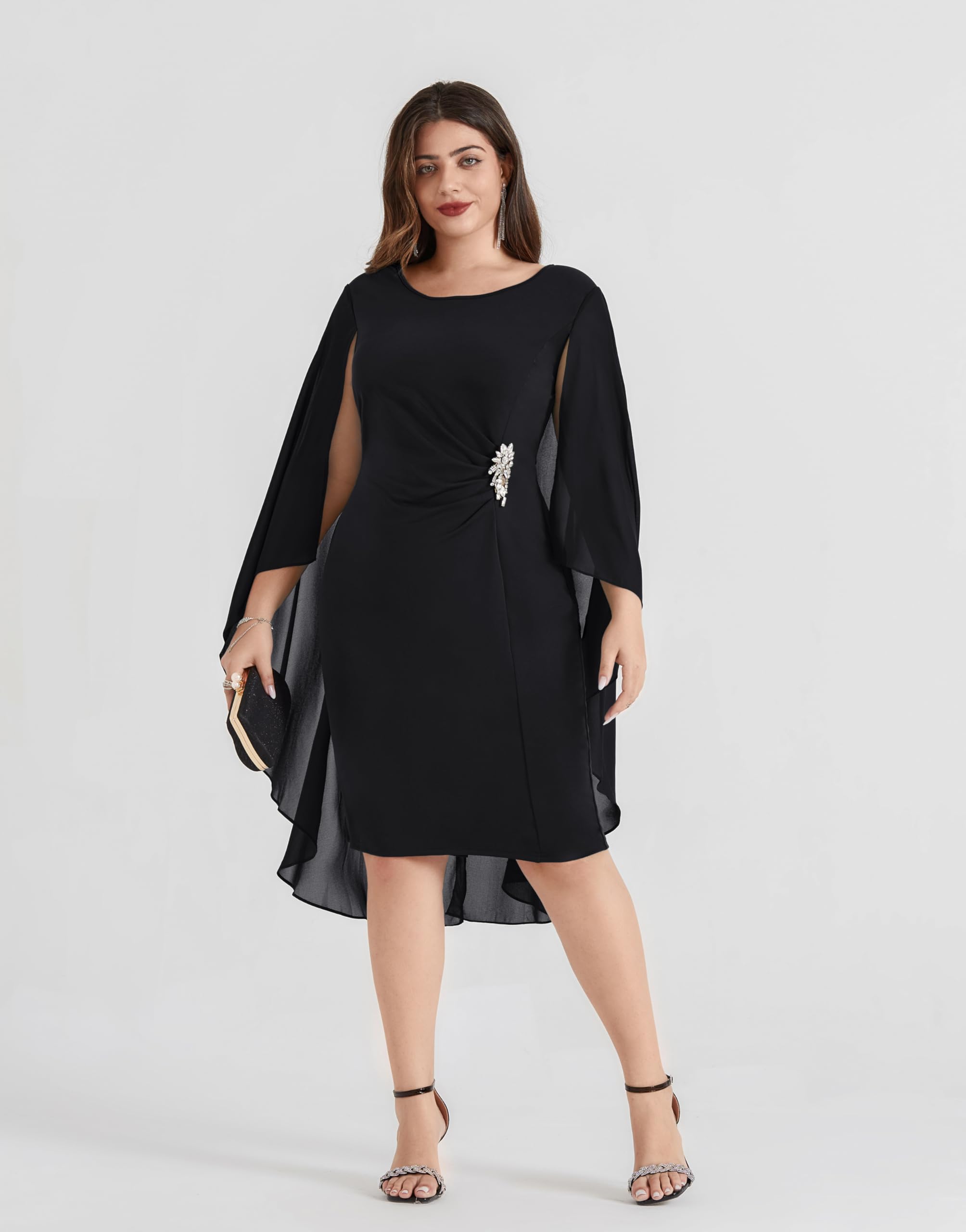 Hanna Nikole Women's Plus Size Chiffon Cape Dress - Crew Neck Ruched Bodycon Cocktail Pencil Dress for Wedding Guest, Party & Special Occasions