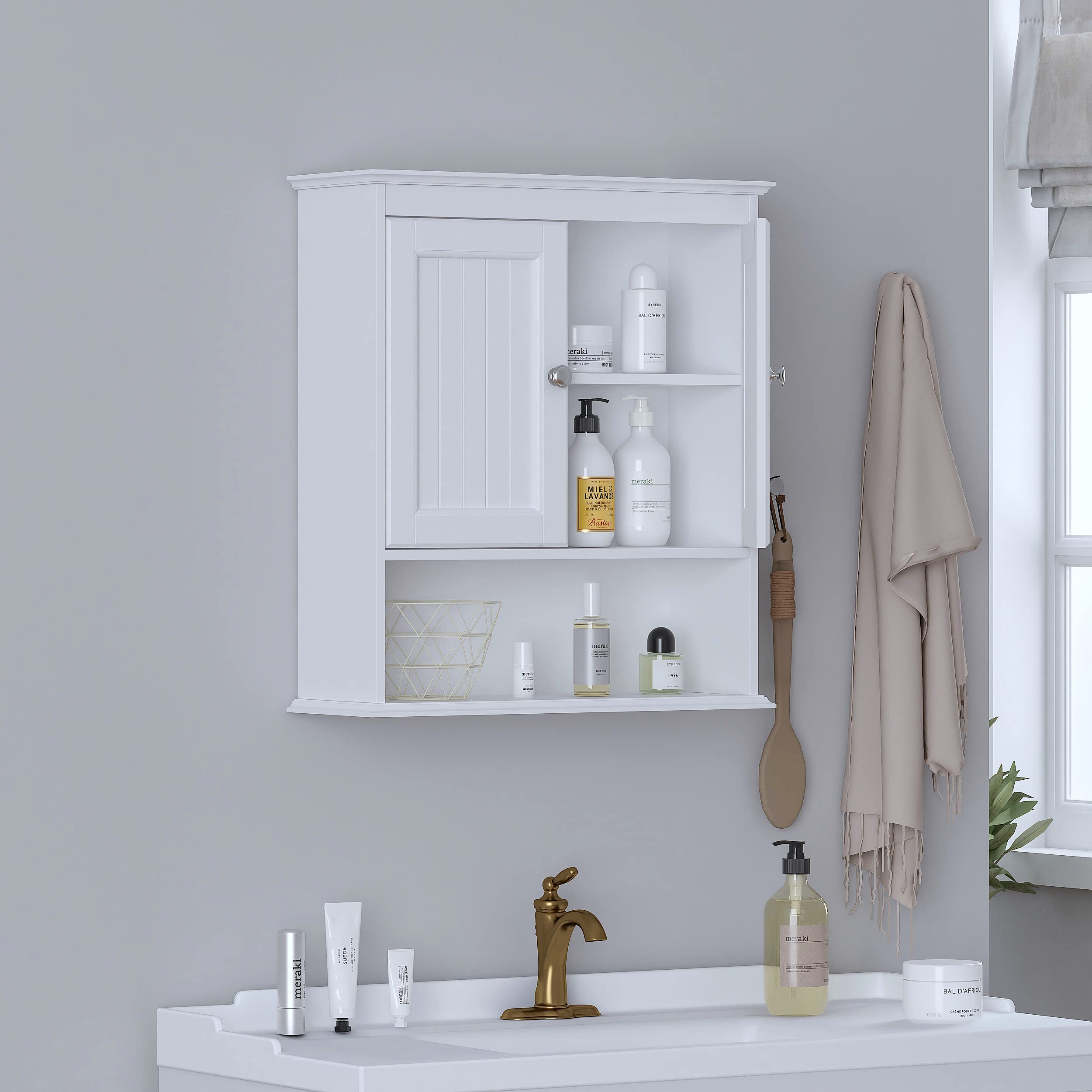 White Wooden Wall Mounted Bathroom Cabinet with Doors and Shelves - Over The Toilet Storage Organizer for Towels, Toiletries & Bathroom Essentials | Space-Saving Bathroom Decor