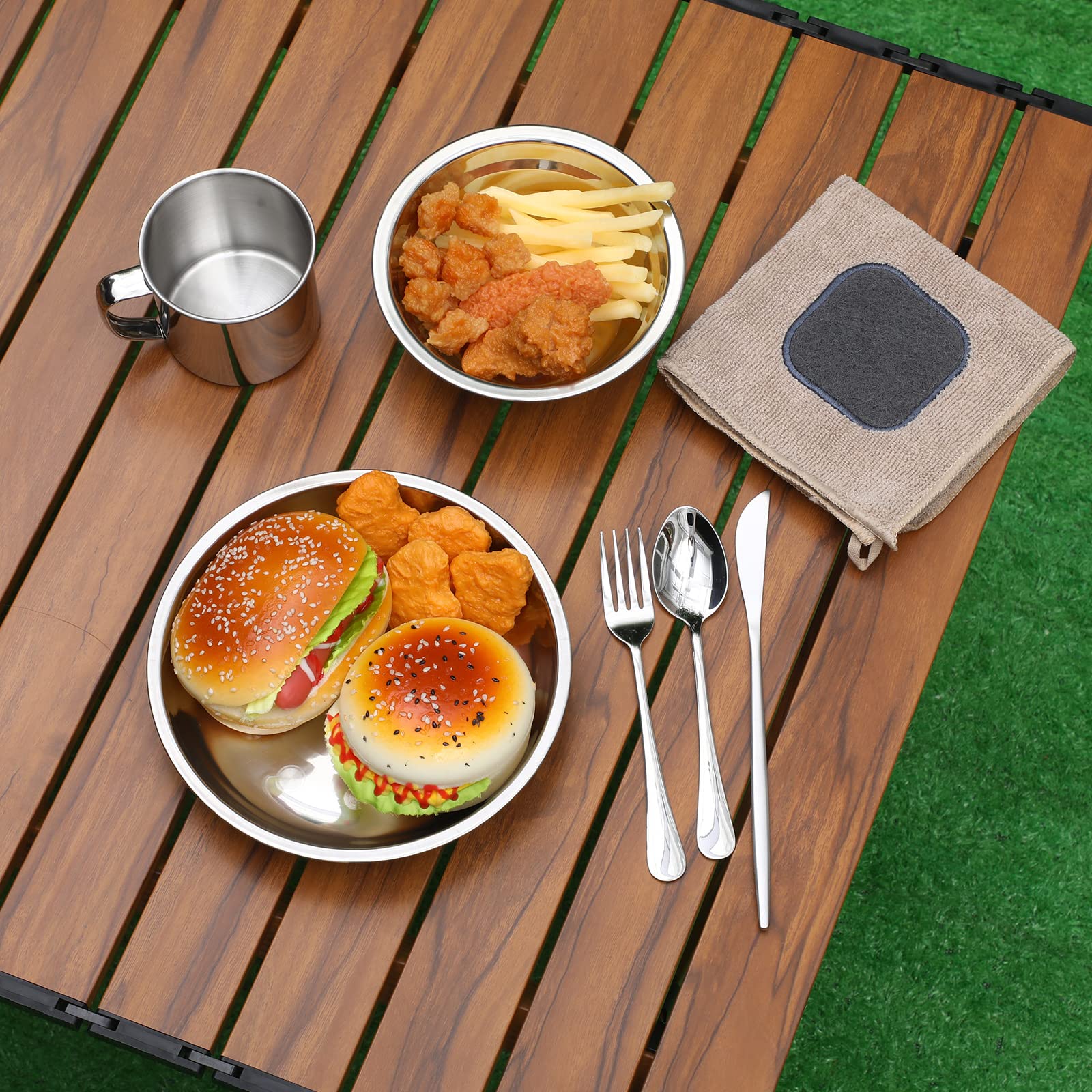 Lallisa 44-Piece Stainless Steel Camping Cookware Set - Polished Outdoor Mess Kit with Plates, Cups, Spoons, Forks & Knives | Portable Tableware in Mesh Bag for Backpacking, Hiking & Picnics | 6-Person Camping Gear for Family Outdoors Adventures