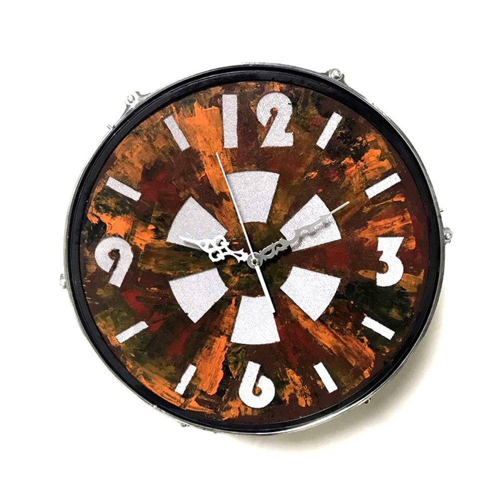 YONGJUN Vintage Drum Wall Clock - Wrought Iron LED Wall Hanging Clock for Living Room, Study & Home Decor - Retro Designer Clock for Bedroom, Office & Gift Giving