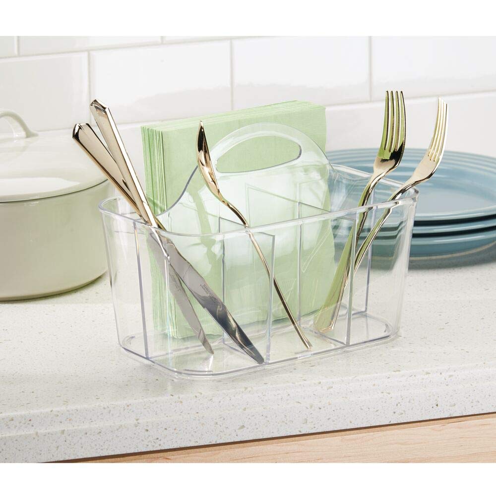 mDesign Plastic Cutlery Storage Organizer with Handle - Kitchen Cabinet Divided Caddy for Forks, Knives, Spoons & Napkins | Indoor Outdoor Use | Clear Lumiere Collection | Perfect for Picnics, BBQs & Dining Organization