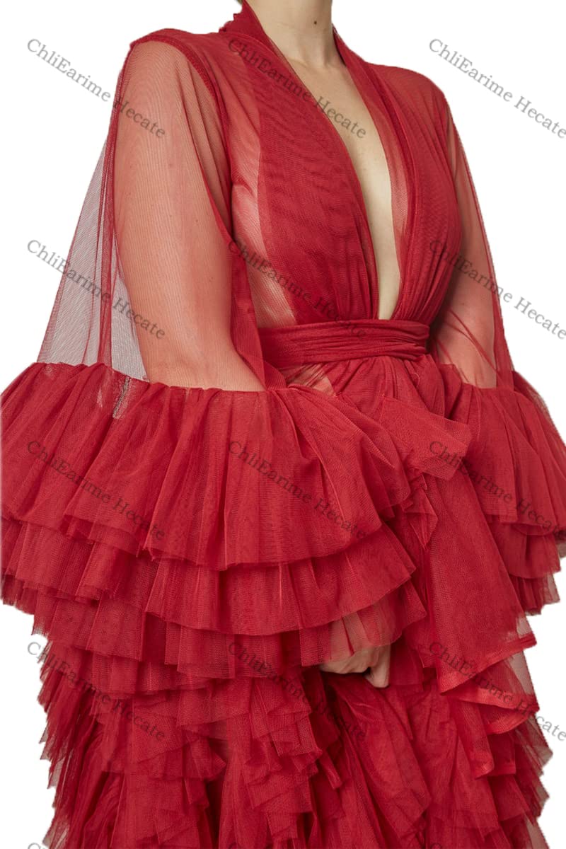 Elegant Long Sheer Tulle Pleated Maternity Dress with Ruffles & Belt - Sexy Lingerie Nightgown Robe for Photo Shoots, Bridal Showers & Special Occasions