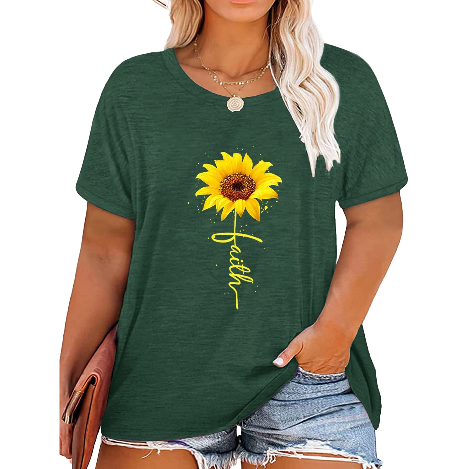 **Anbech Plus Size Sunflower Faith T-Shirt for Women - Short Sleeve Cute Floral Graphic Tee - Casual Summer Top for Church, Outing & Everyday Wear**