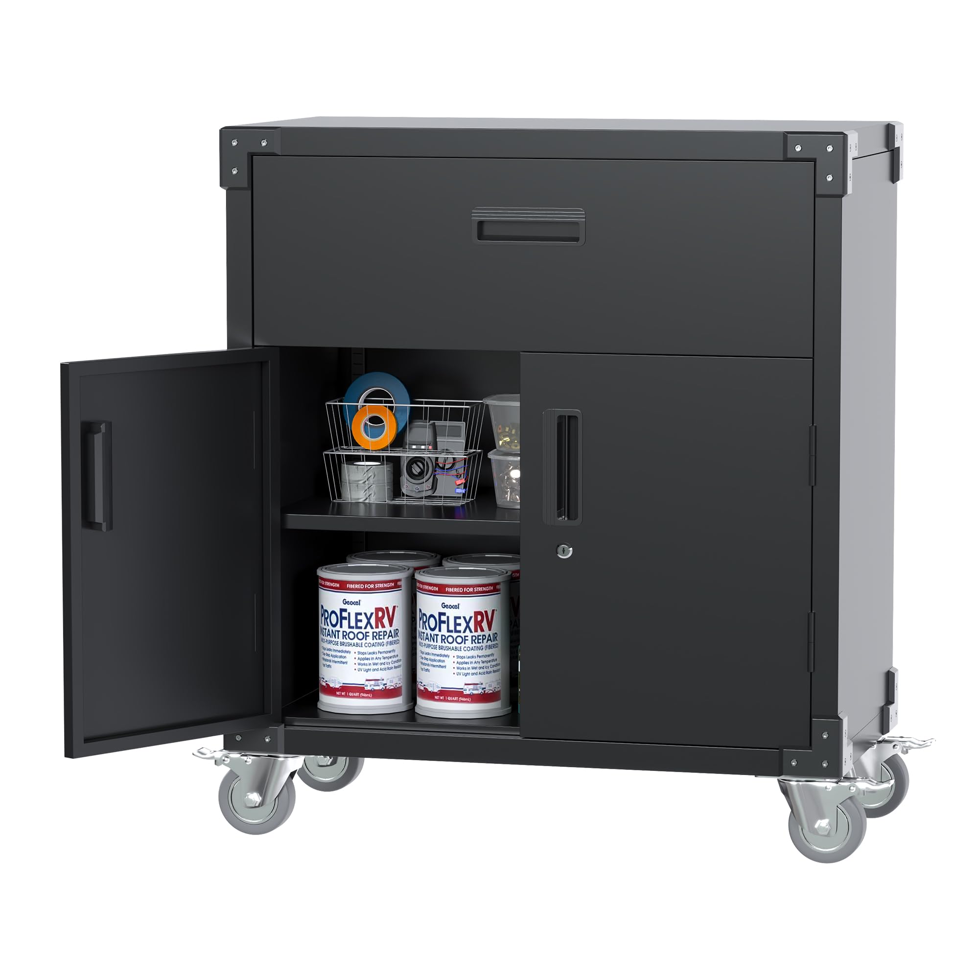 Heavy-Duty Metal Garage Cabinet with Wheels - Mobile Storage Organizer with 2 Doors & 1 Drawer - Steel Utility Cabinet for Garage, Workshop, Home & Office - Easy Assembly (Black) - Perfect for Tool Storage, Workshop Organization & Home Clutter Control