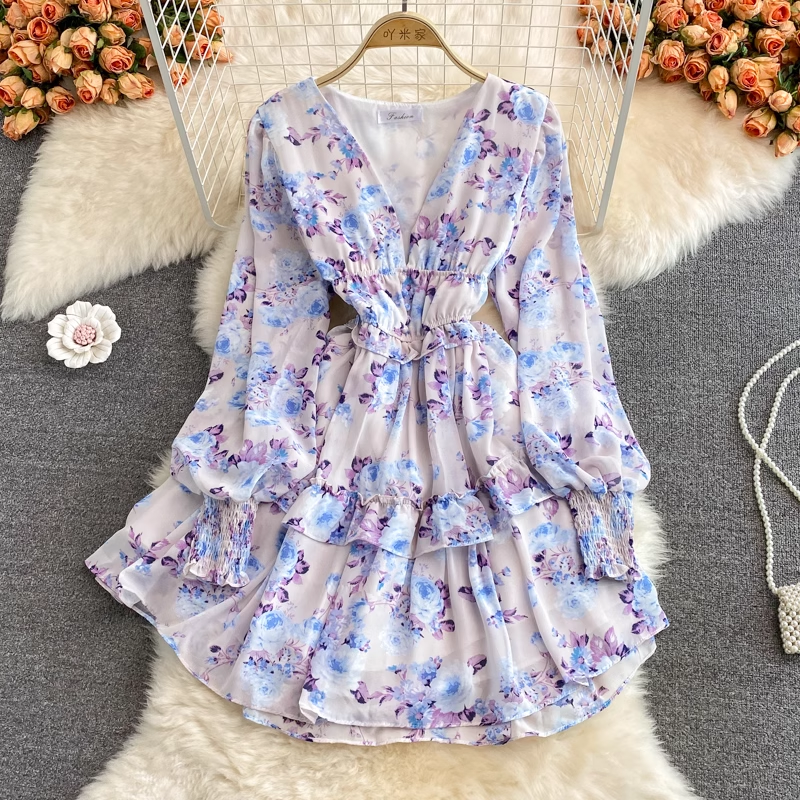 Fairy French V-Neck Ruffle Skirt Floral Chiffon Dress - Elegant Summer Party Dress for Women, Perfect for Weddings, Garden Parties & Date Nights