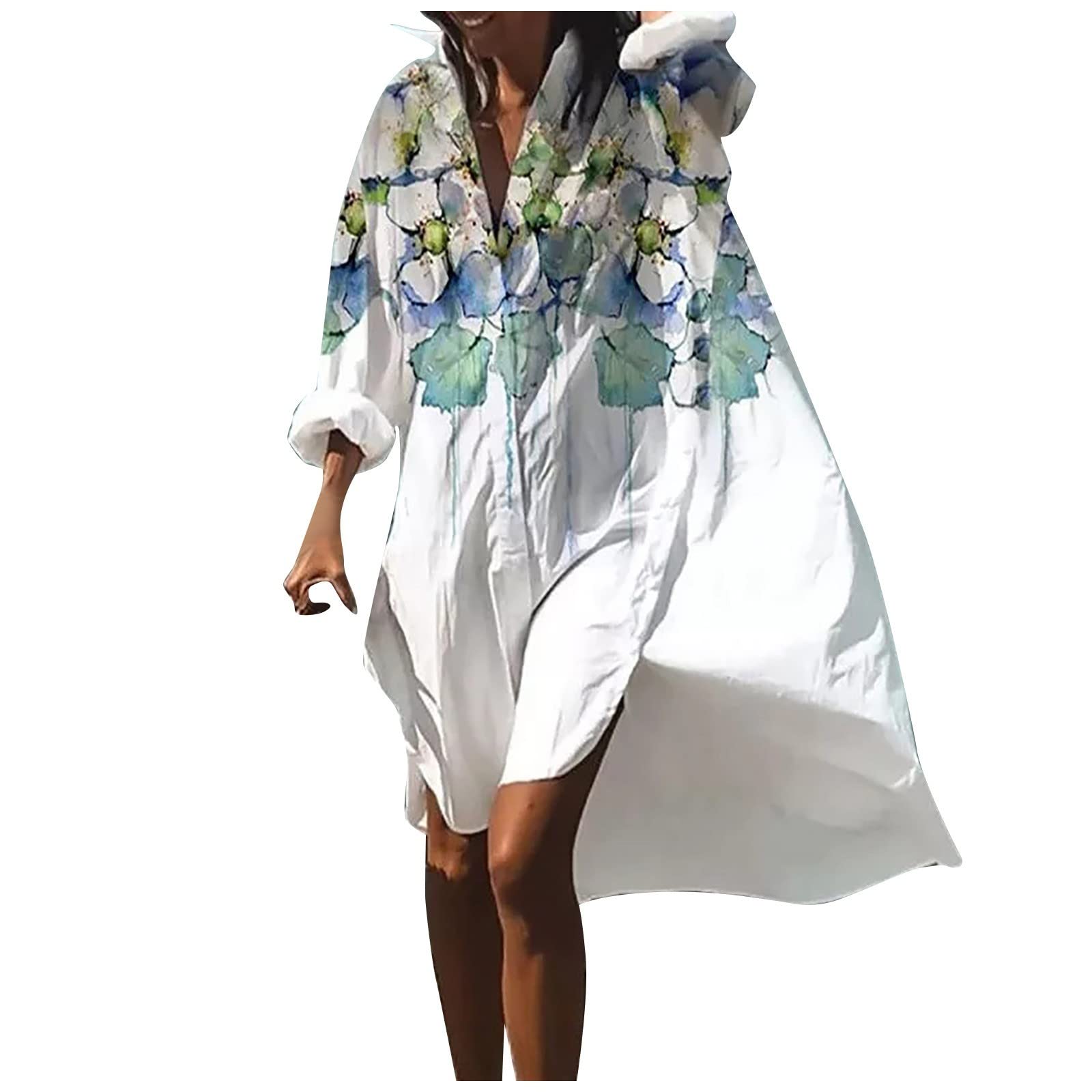 Sexy V-Neck Long Sleeve Floral Print Summer Dresses for Women - Elegant Casual Flowy Beach & Evening Dress for Outdoor Parties, Vacations & Date Nights