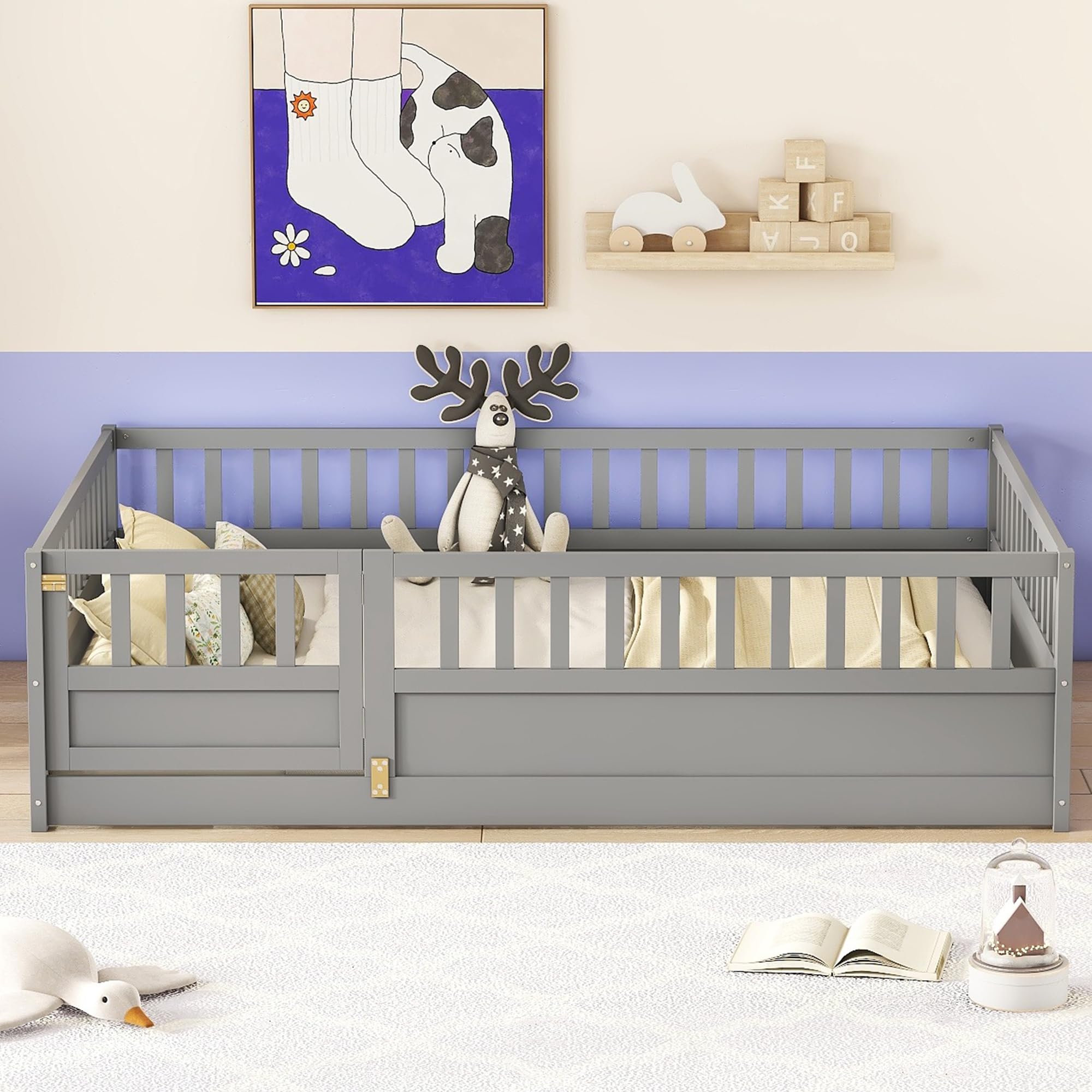 Montessori Wood Floor Bed for Kids - Full Size with High Safety Rails & Door Design, Grey - No Bed Slats Needed - Perfect for Toddler Rooms, Daycare Centers & Montessori Classrooms