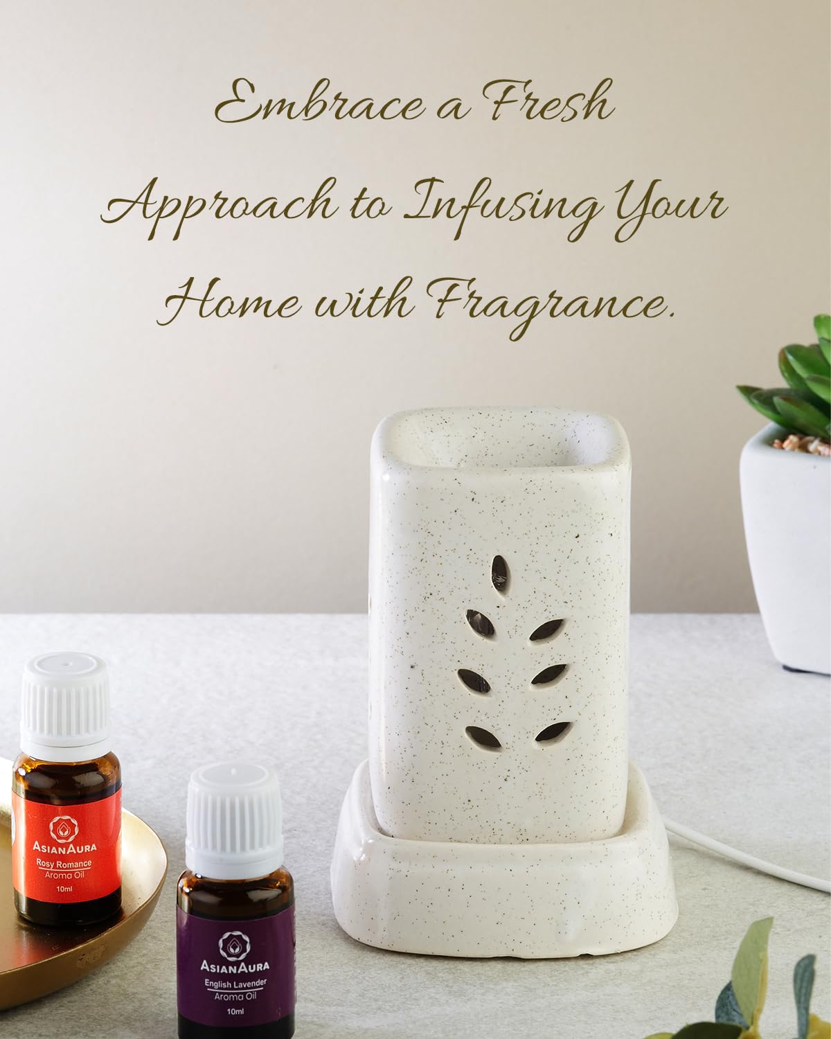 ASIAN AURA White Ceramic Electric Aroma Diffuser & Essential Oil Burner - 8x11.5cm Home Spa Relaxation, Yoga Meditation, Bedroom & Office Aromatherapy