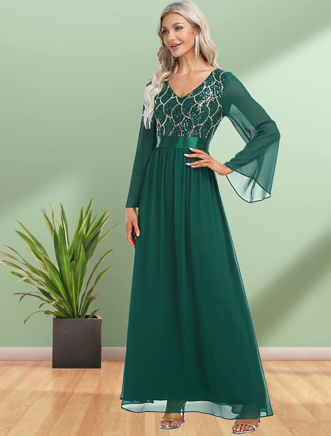 Elegant A-Line Evening Gown with Sequin Details - Floor Length Long Sleeve V-Neck Chiffon Party Dress for Women | Perfect for Prom, Gala, Wedding & Formal Events