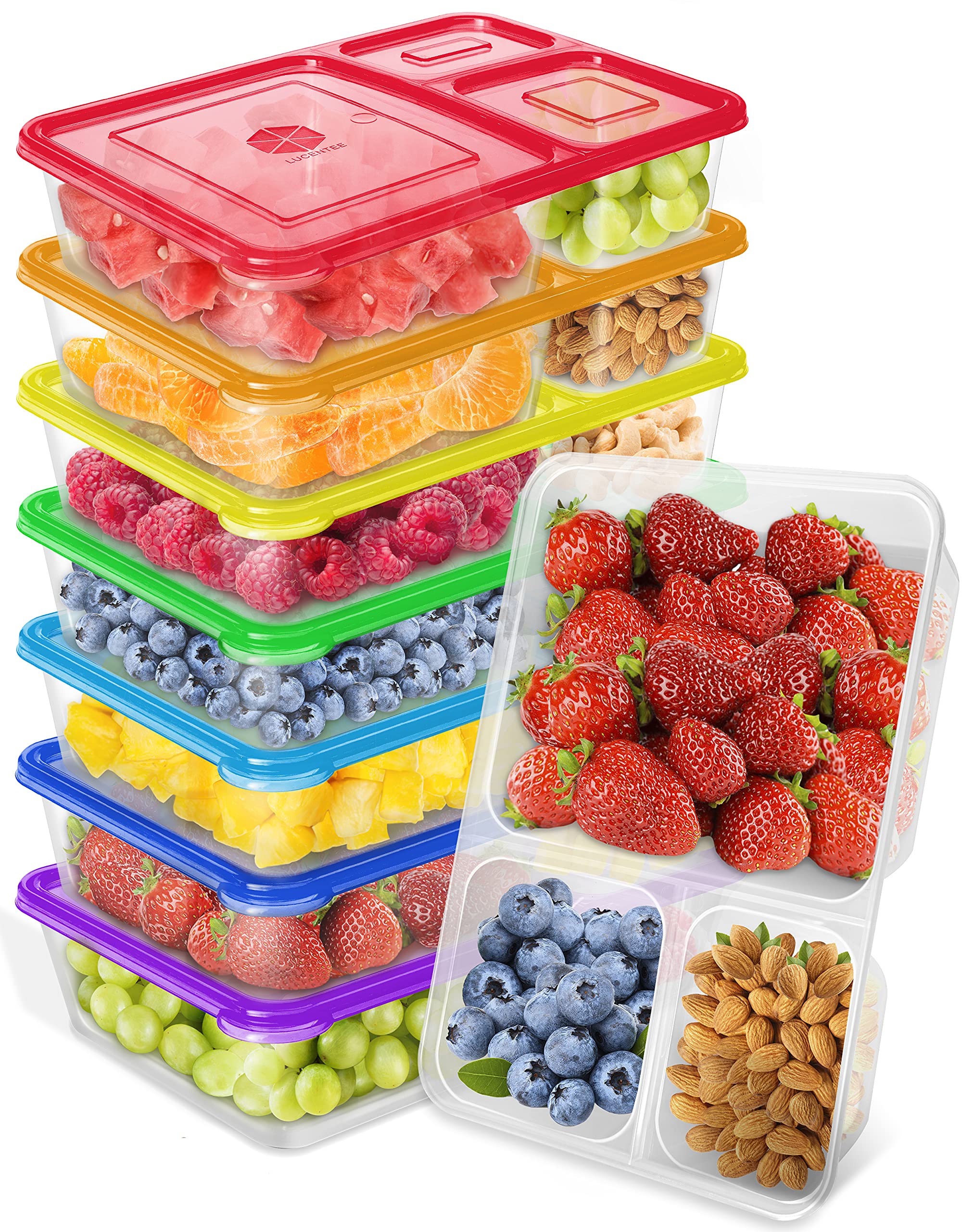 7-Pack Bento Snack Box - 3 Compartment Food Storage Container, Reusable Lunch Box for Adults & Kids, Meal Prep Containers - Microwave & Dishwasher Safe - Perfect for School, Office & Picnics