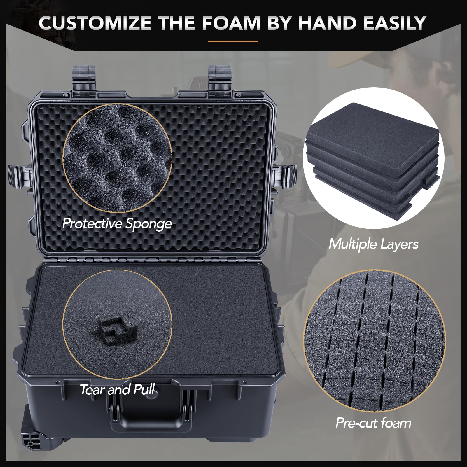 Lykus HC-5220 Large Waterproof Rolling Hard Case with Customizable Foam Insert (52x36x24.5cm Interior) - Durable Protection for Camera Gear, Lenses, Electronics & Equipment - Perfect for Travel, Outdoor Adventures & Professional Storage