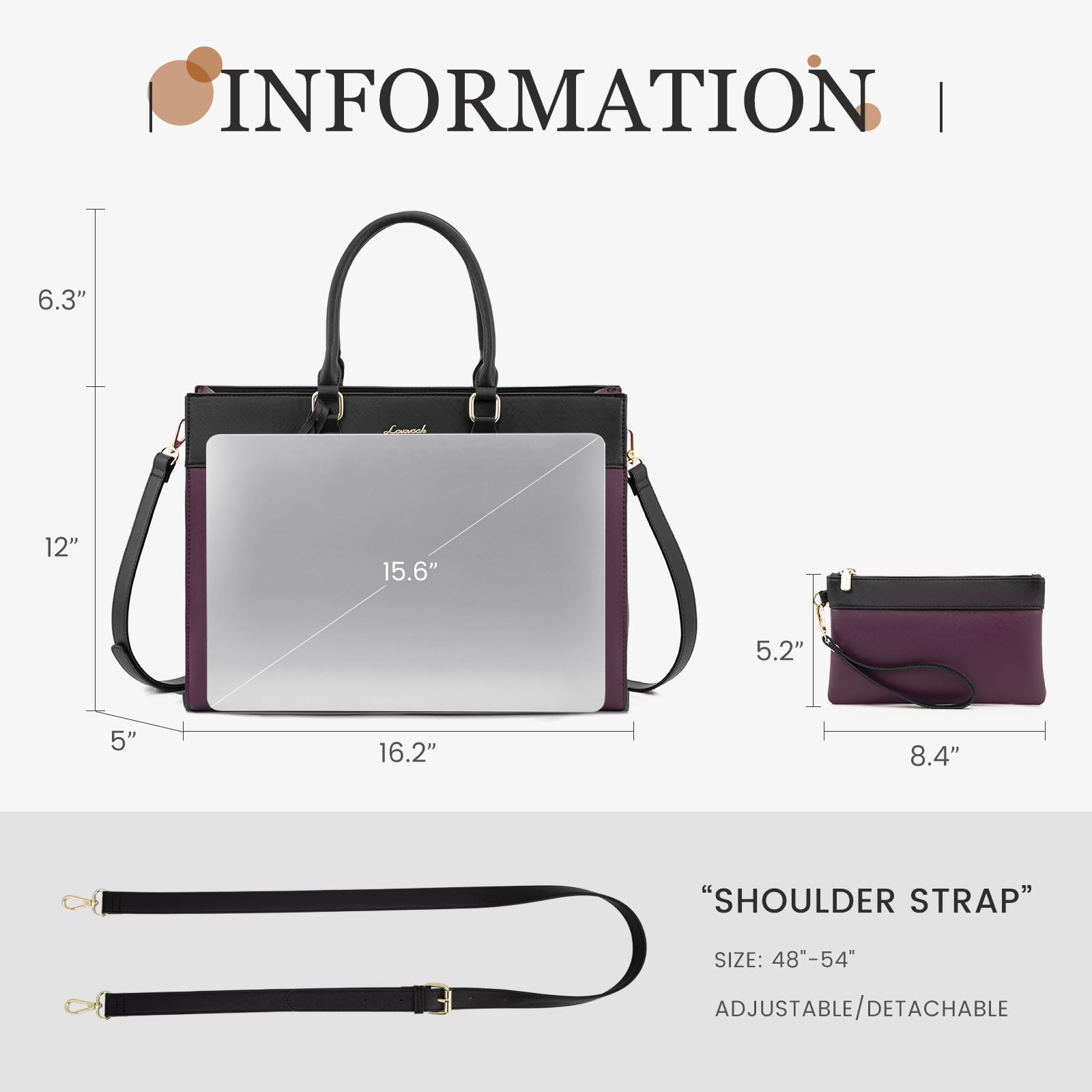 LOVEVOOK 15.6 Inch Waterproof Leather Laptop Bag for Women - Stylish Work Tote Purse & Professional Office Briefcase (Purple-Black) - Perfect for Business Travel, Commuting & Daily Work Essentials