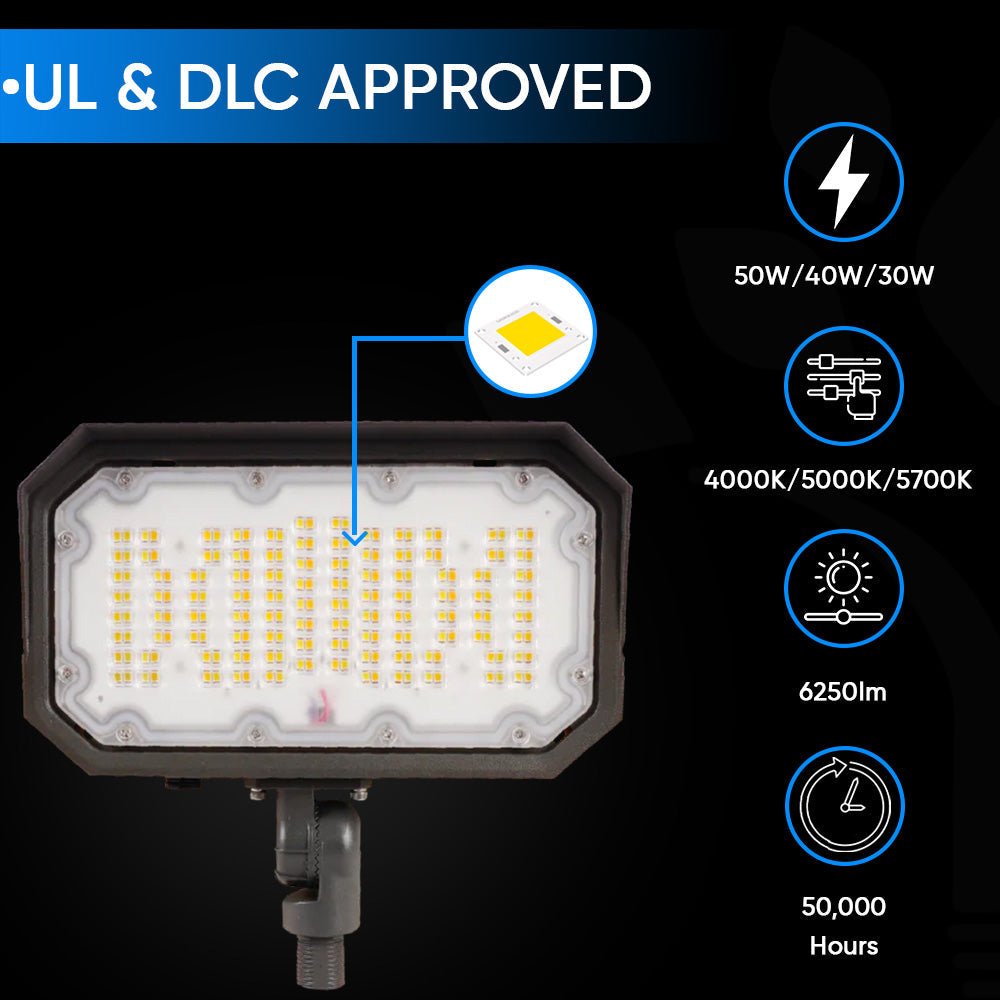 50W/40W/30W LED Flood Light Outdoor - Adjustable 4000K/5000K/5700K Color Temperature, Knuckle Mount, UL & DLC 5.1 Certified, Bronze Finish, IP65 Waterproof - Perfect for Garden Lighting, Basketball Court, Lawn, Patio & Security Lighting