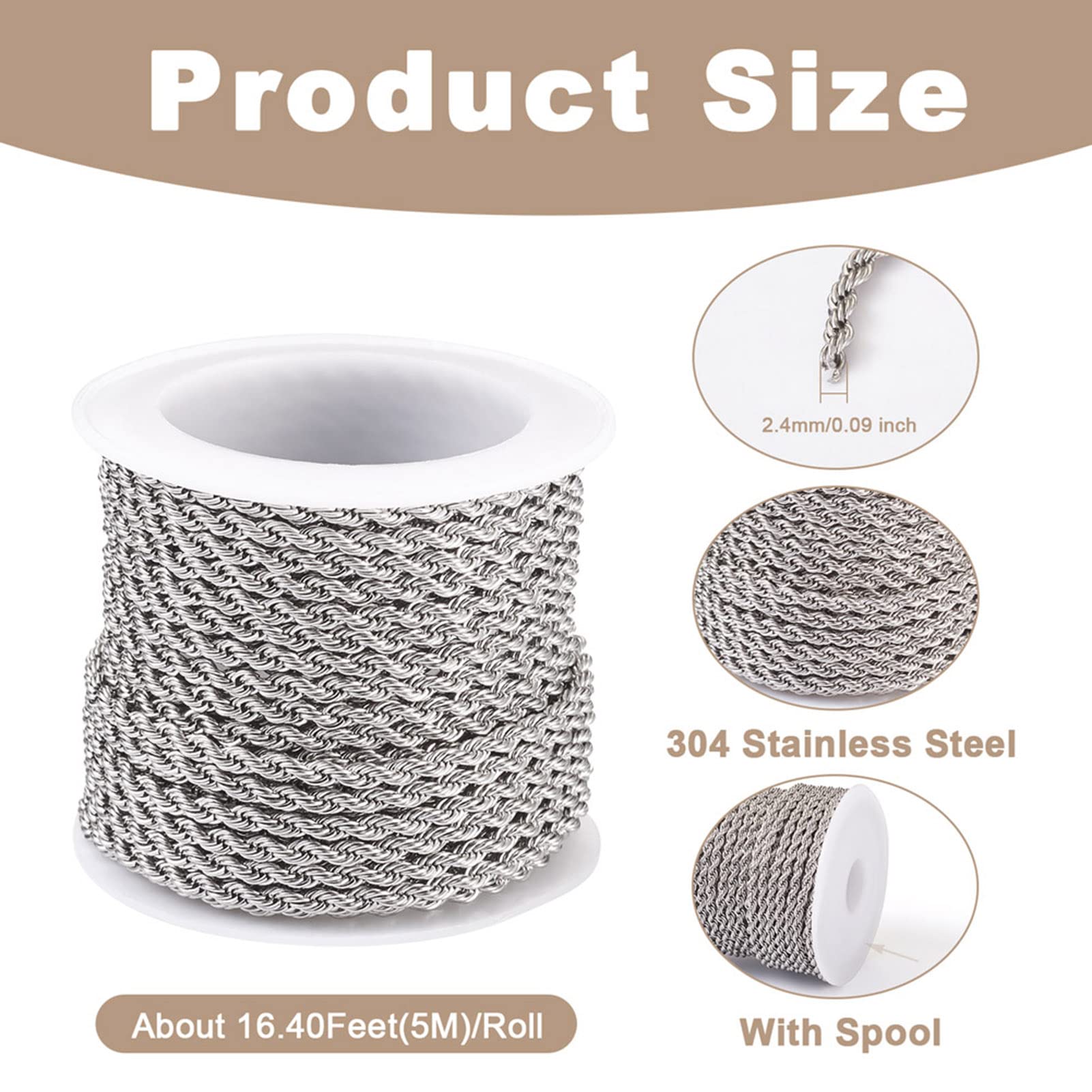304 Stainless Steel Rope Chain 16.4ft - Unwelded Twisted Jewelry Chain for Necklaces, Bracelets, Pendants - DIY Jewelry Making Supplies for Men & Women - Perfect for Crafting, Gifts, and Fashion Accessories