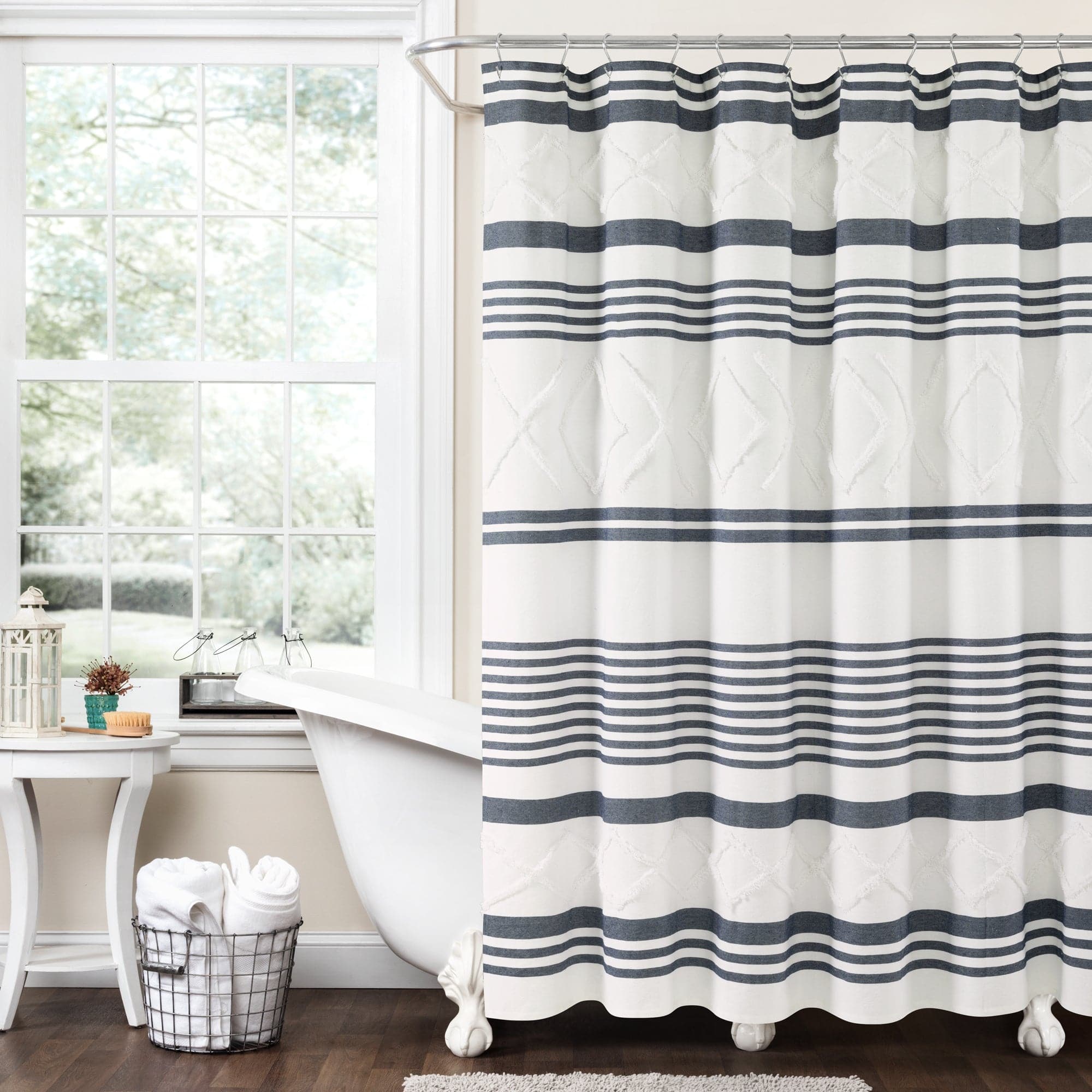 Eco-Friendly Urban Diamond Stripe Woven Tufted Shower Curtain - Waterproof Bathroom Decor for Modern Homes | Perfect for Small Bathrooms & Spa-Like Retreats