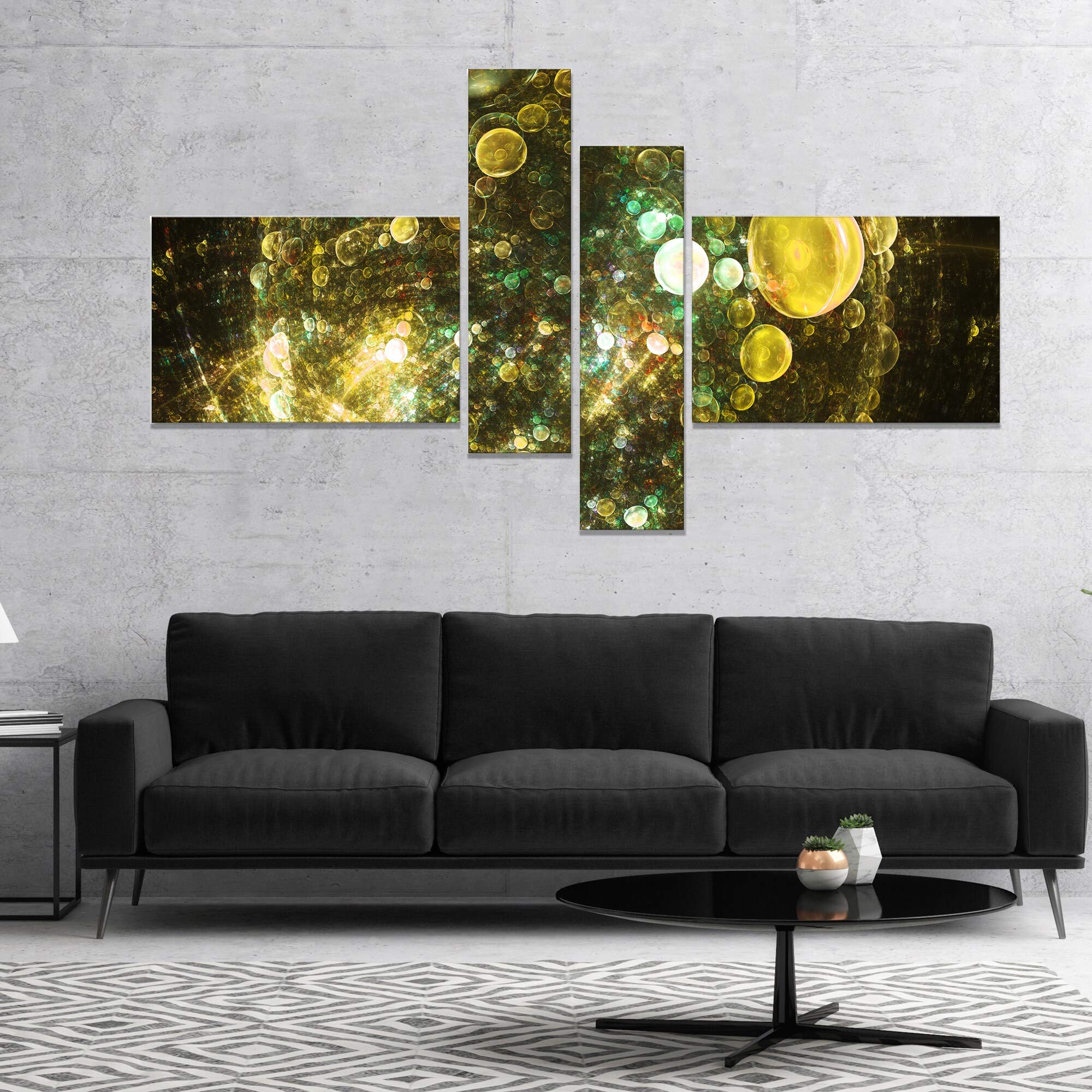 Abstract Canvas Wall Art - 'Yellow Spherical Planet Bubbles' Modern Art Print 60x32 Inches (4 Panels) for Living Room, Bedroom & Office Decor | Large Contemporary Home Artwork