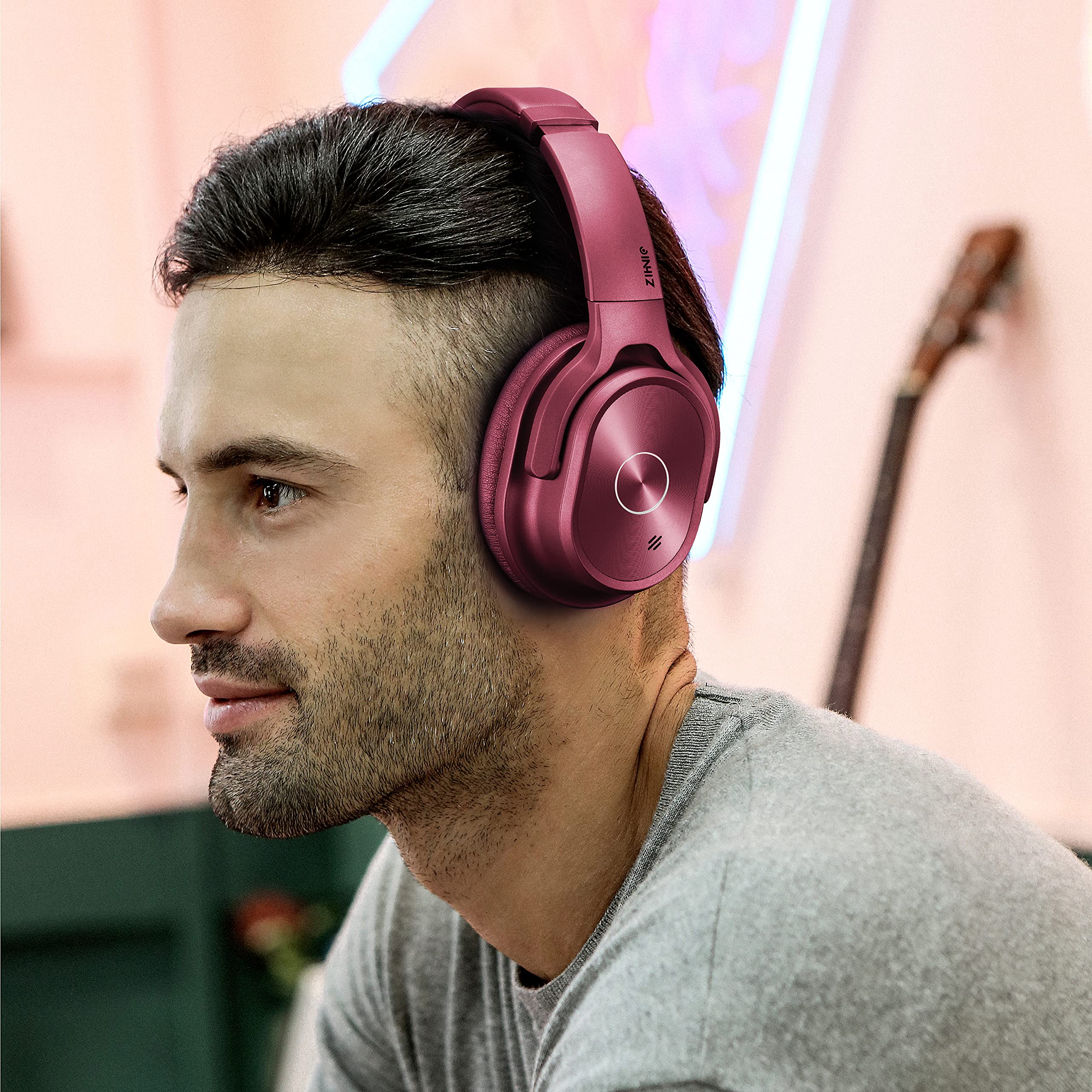 ZIHNIC Active Noise Cancelling Headphones Wireless Bluetooth 5.0 - 40H Playtime Hi-Fi Stereo Deep Bass Headset with Comfortable Earpads for Travel, Home, Office - Perfect for Commuting, Gaming & Work (Red)