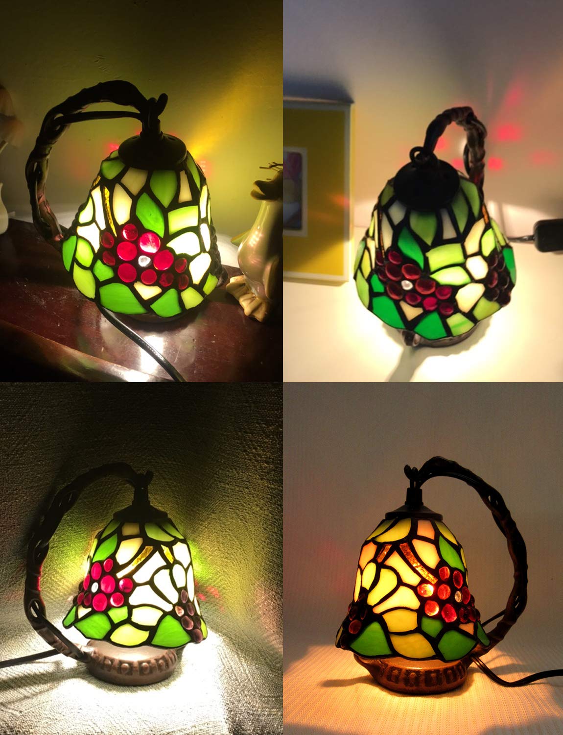 Tiffany Style Small Night Light - Bell Shaped Table Lamp with Green Grape Stained Glass Shade & Iron Base - Perfect for Living Room, Bedroom, Bedside & Nightstand - Romantic Ambiance Lighting for Home Decor
