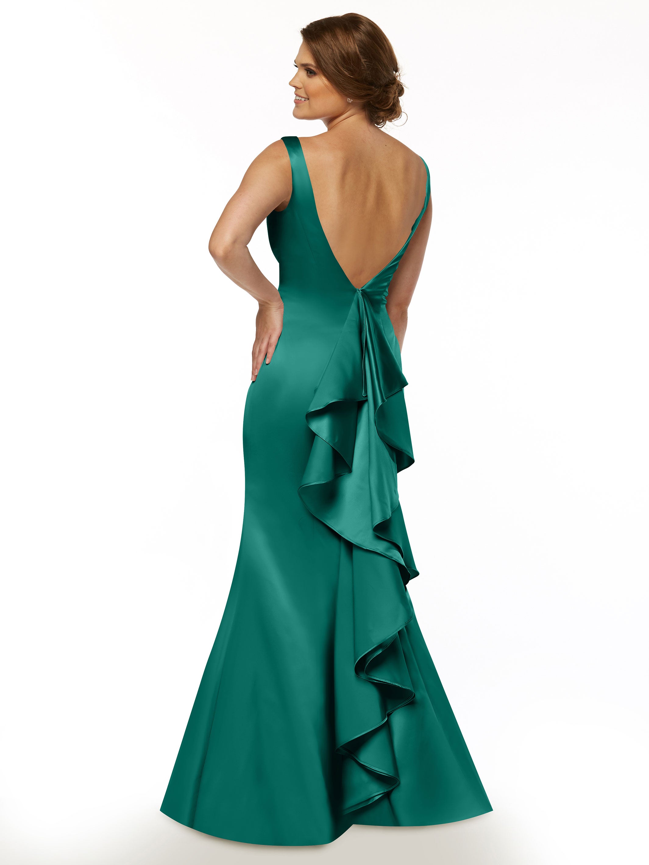 Elegant Fit and Flare Satin Bridesmaid Dress with V-Neckline & Ruffled Back - Perfect for Weddings, Formal Events & Special Occasions