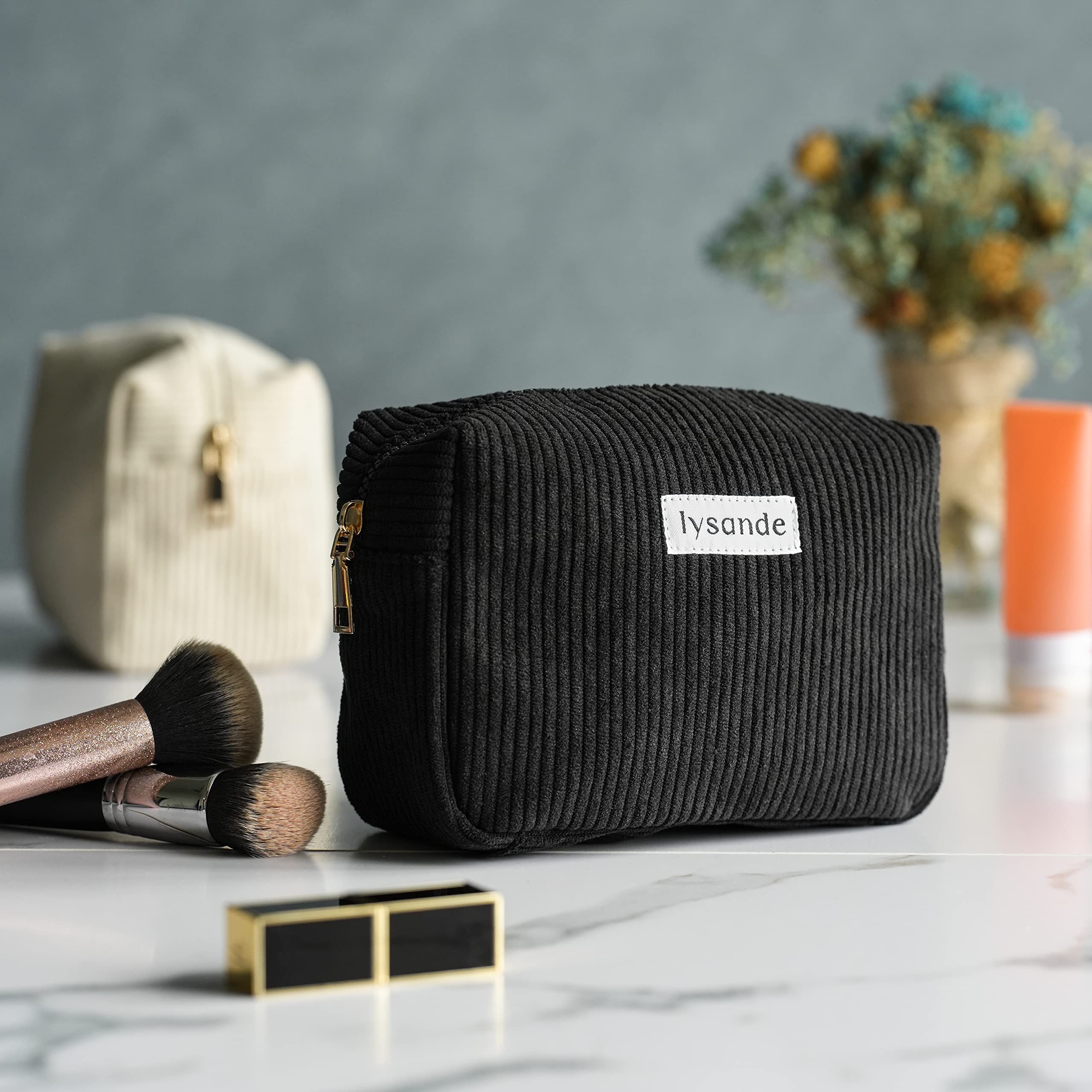 LYSANDE Corduroy Makeup Bag for Women - Small Travel Cosmetic Pouch & Purse Organizer - Multi-Use Pencil Case & Makeup Case (Cream) | Perfect for Travel, Daily Use & Gift Giving