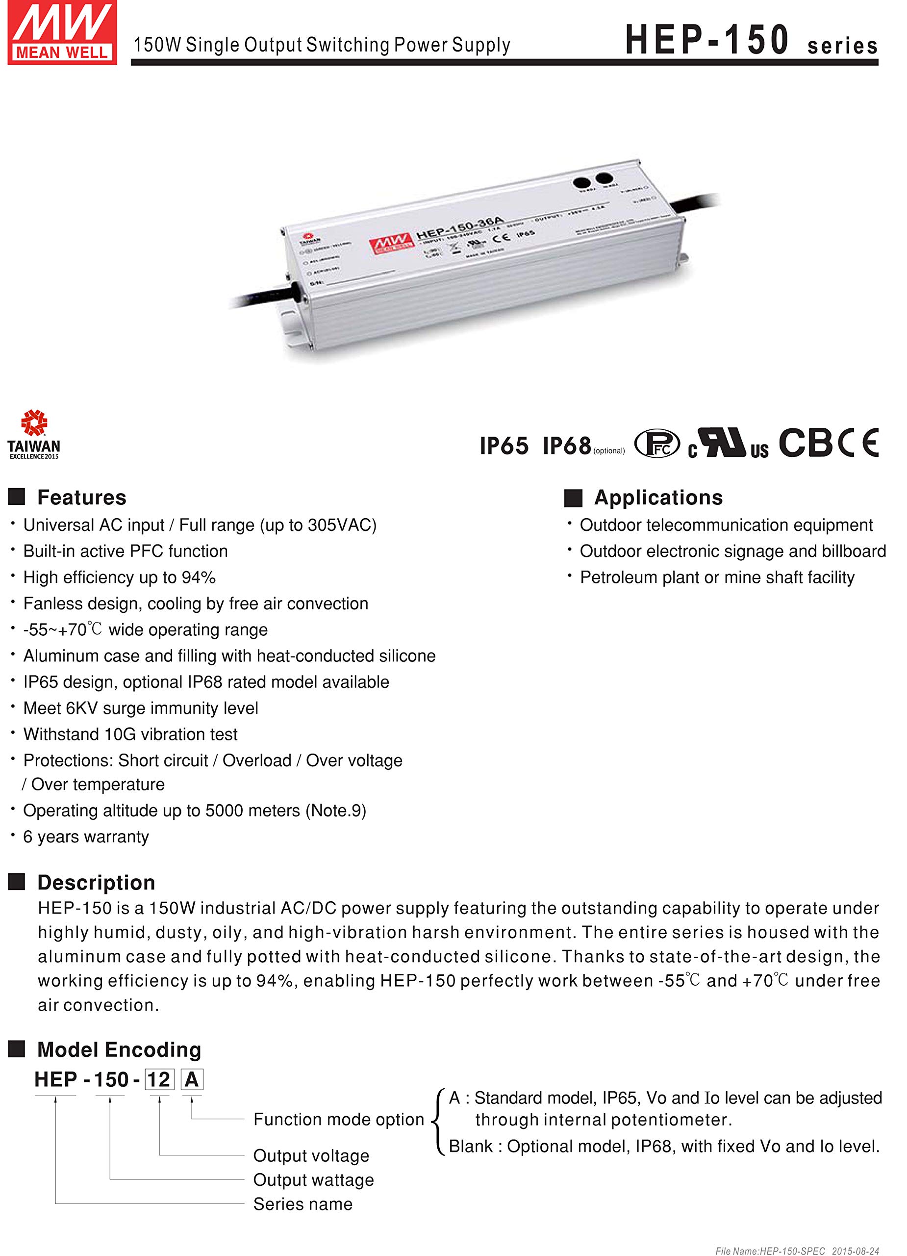 151.2W 24V 6.3A IP65 Waterproof Switching Power Supply with PFC - Ideal for LED Lighting, Industrial Equipment & Outdoor Electronics