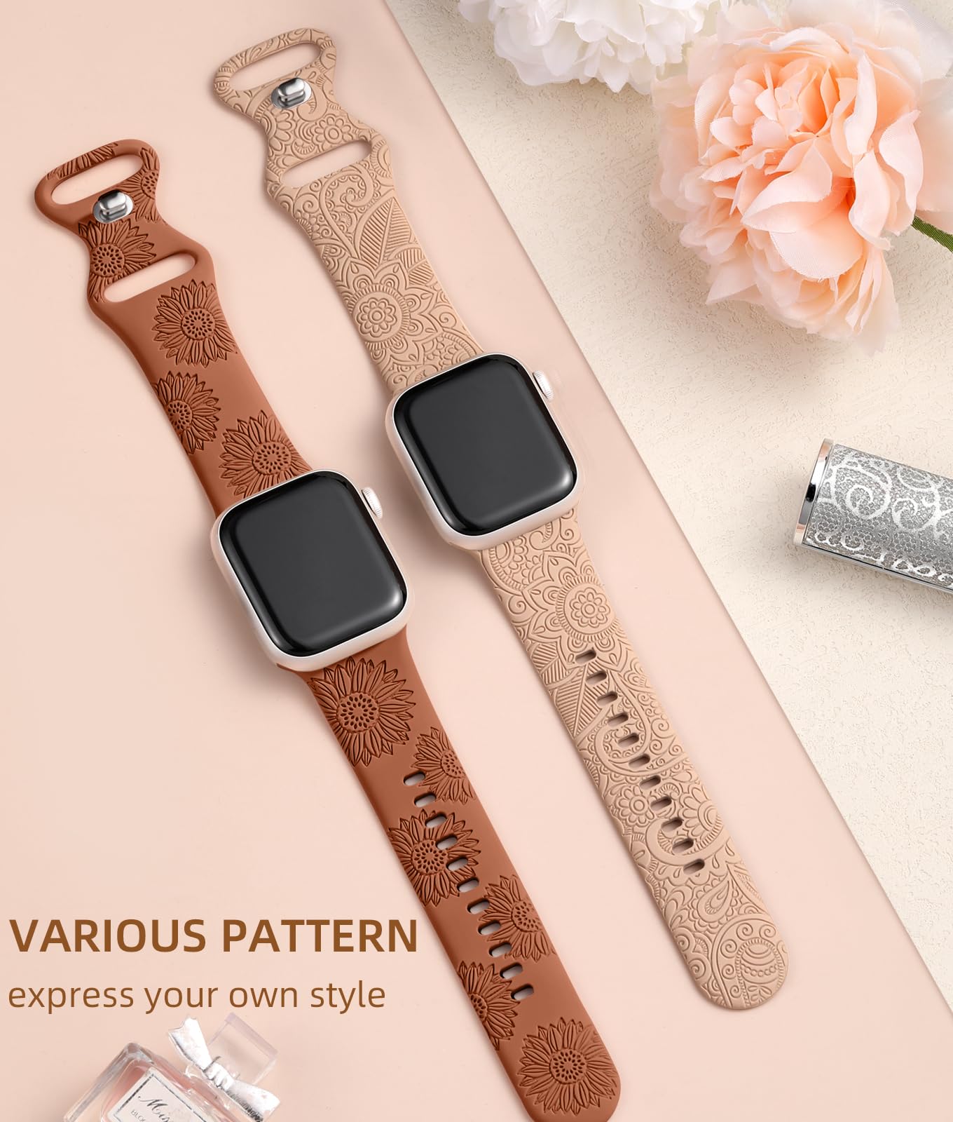 Floral Engraved Soft Silicone Apple Watch Band for Women - Compatible with 38mm 40mm 41mm 42mm 44mm 45mm 46mm 49mm iWatch Series 10 9 8 7 SE Ultra 1/2 - Cute Pattern Sport Strap for Gym, Workout & Everyday Wear