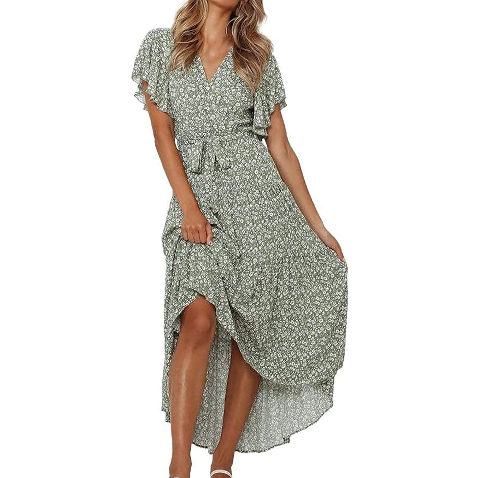 Women's Casual Floral V-Neck Long Dress with Belt - Short Sleeve Summer Maxi Dress for Beach, Party & Everyday Wear