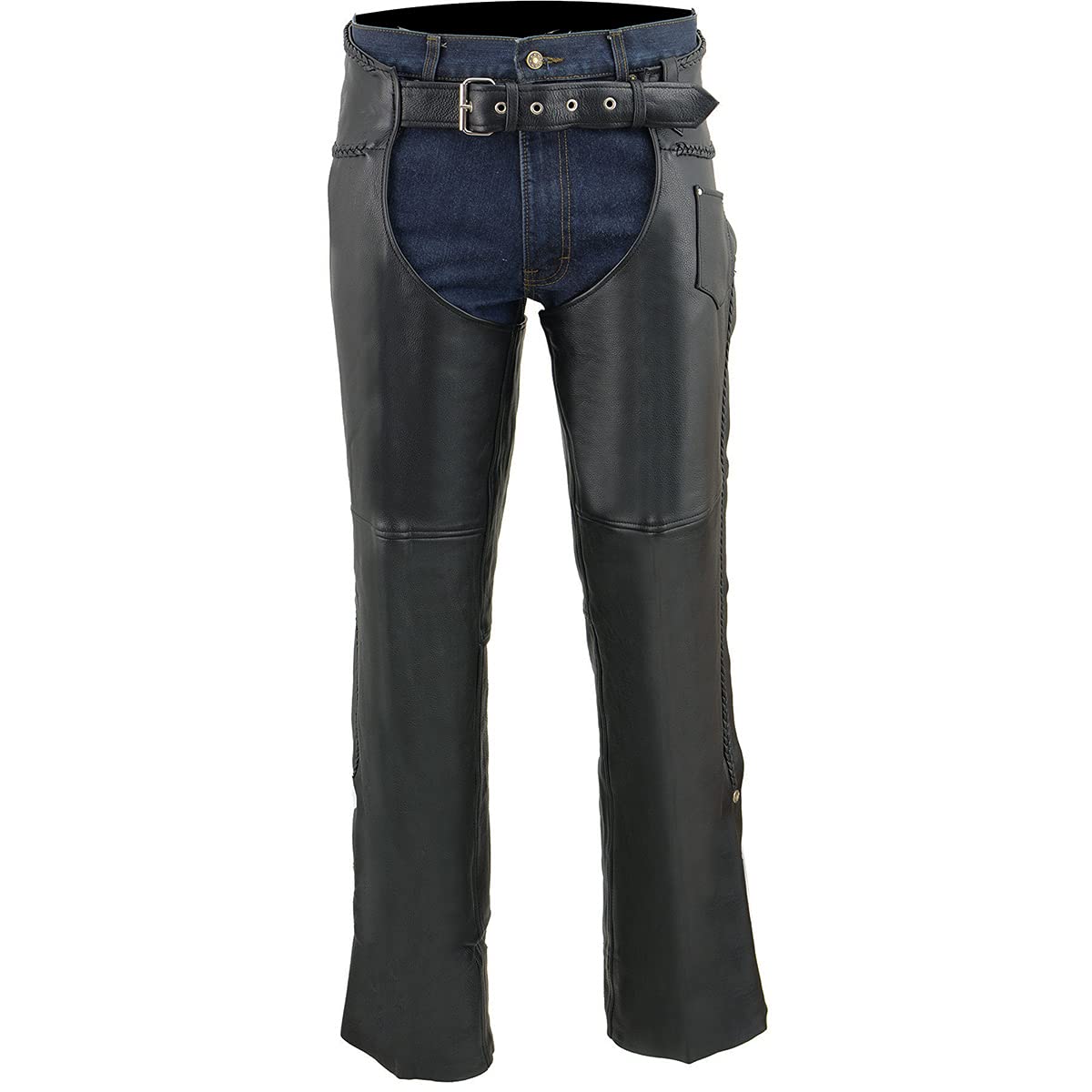 Premium Black Braided Leather Motorcycle Chaps for Men - Milwaukee ML1135 with Front Coin Pocket | Durable Riding Gear for Harley, Cruiser & Adventure Bikes