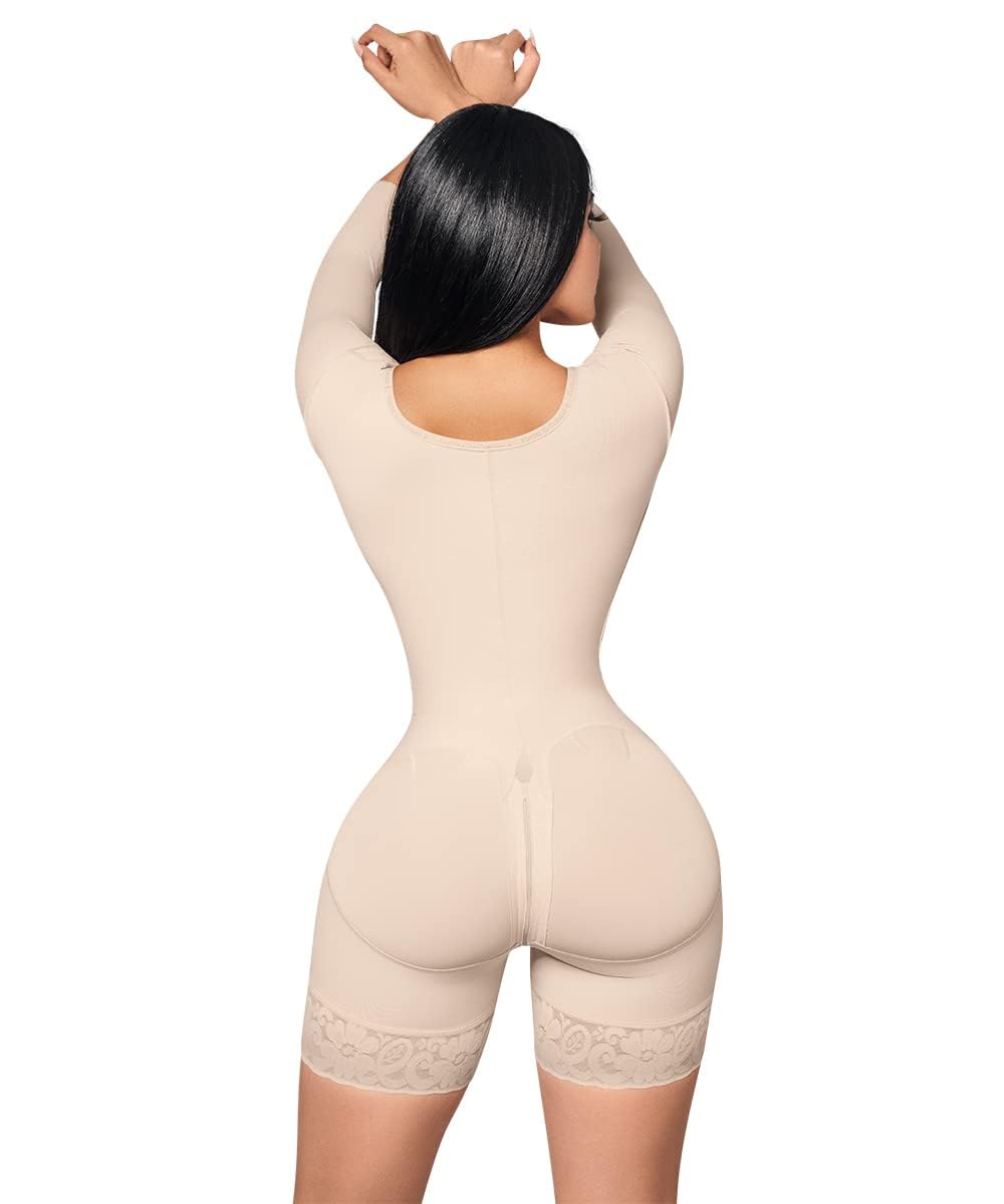 Shapewear Bodysuit for Women - Colombian Fajas Mid Thigh with Built-in Bra, Long Sleeves, Front Clasps & Perineal Zipper | Tummy Control & Body Shaping | Perfect for Postpartum, Workout & Special Occasions (Ref. O-093)