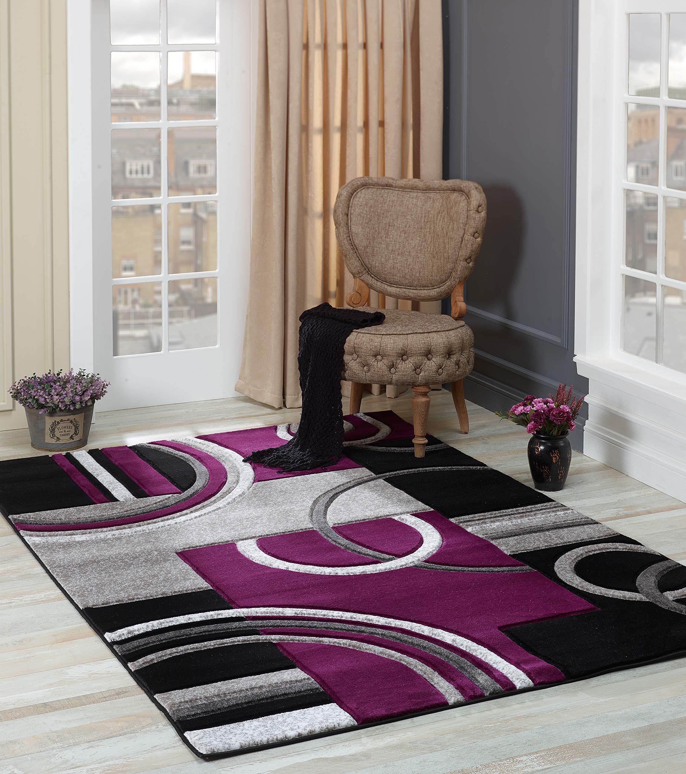 Premium Soft Hand Carved Modern Area Rug - 4x6 Fluffy Plush Carpet for Living Room, Dining Room & Bedroom - Contemporary Home Decor with Luxurious Texture (Purple) | Cozy Floor Covering for Family Gatherings & Relaxation