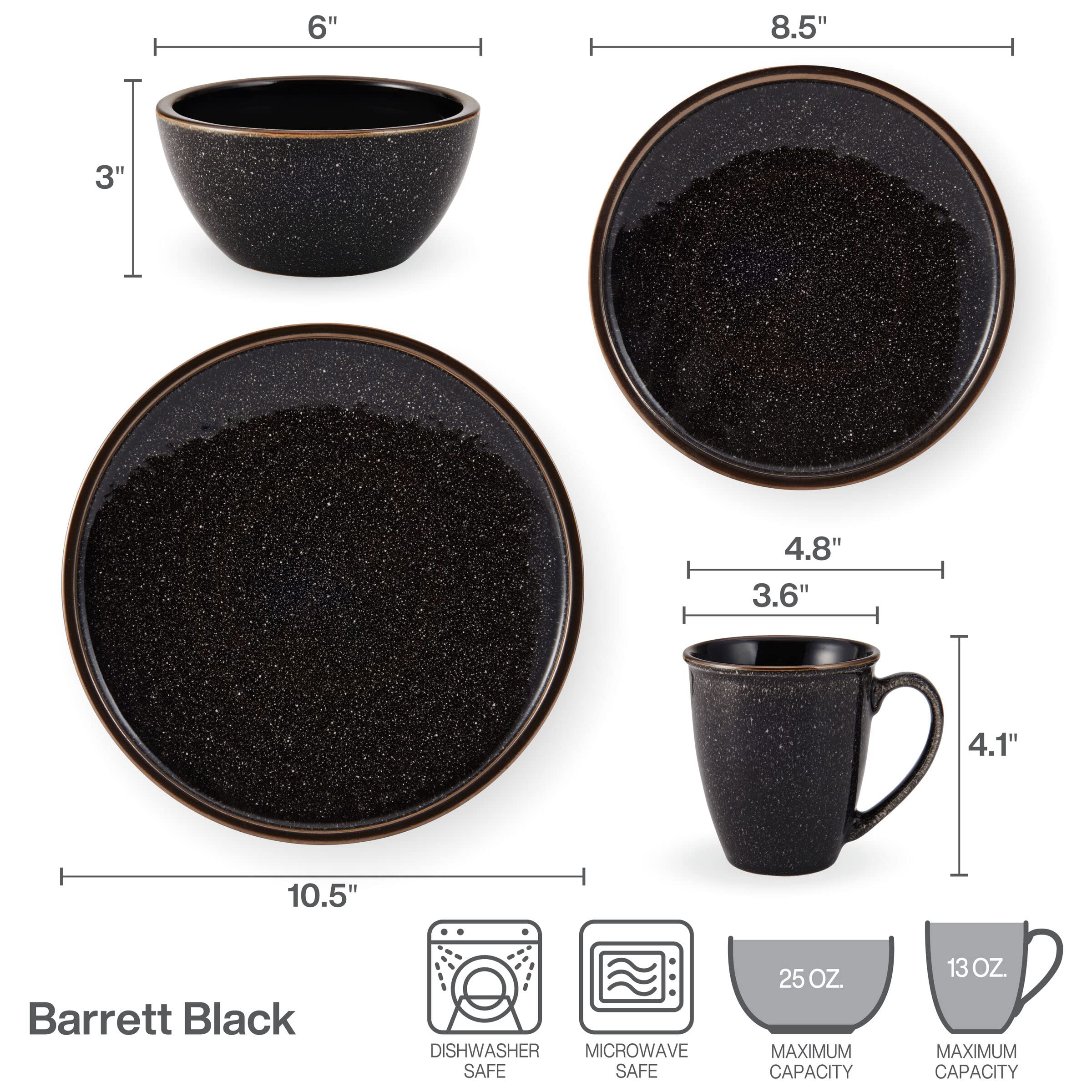 Mikasa Barrett 16-Piece Dinnerware Set - Service for 4 - Elegant Black Tableware for Everyday Dining & Entertaining