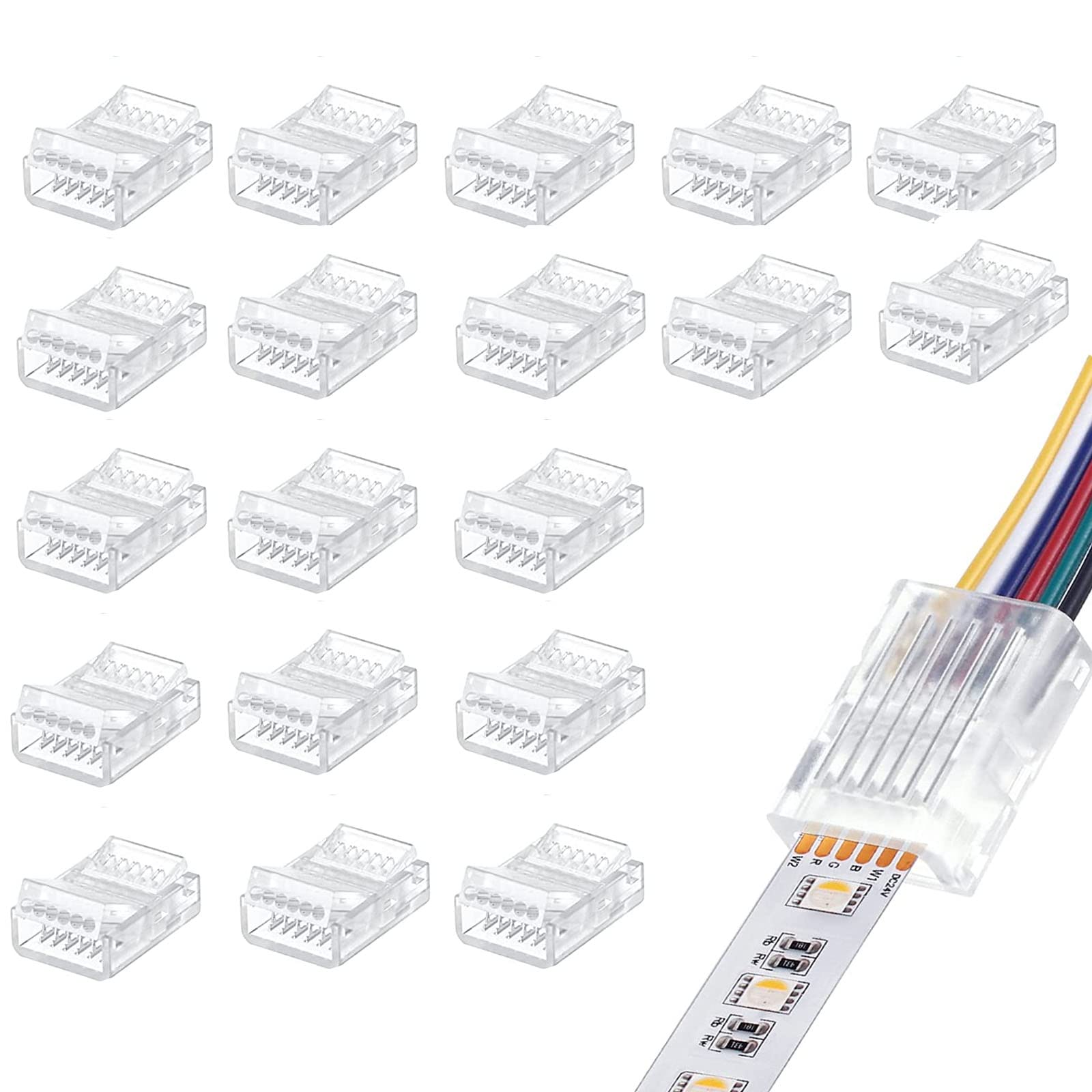 RGB LED Light Bar Connector 20pcs - Waterproof Solderless LED Adapter for 5V 12V 24V (6pin12mm) - Clear Wireless Wiring Gap Track Lighting Connector - Perfect for Home, Office, and Commercial LED Strip Installations