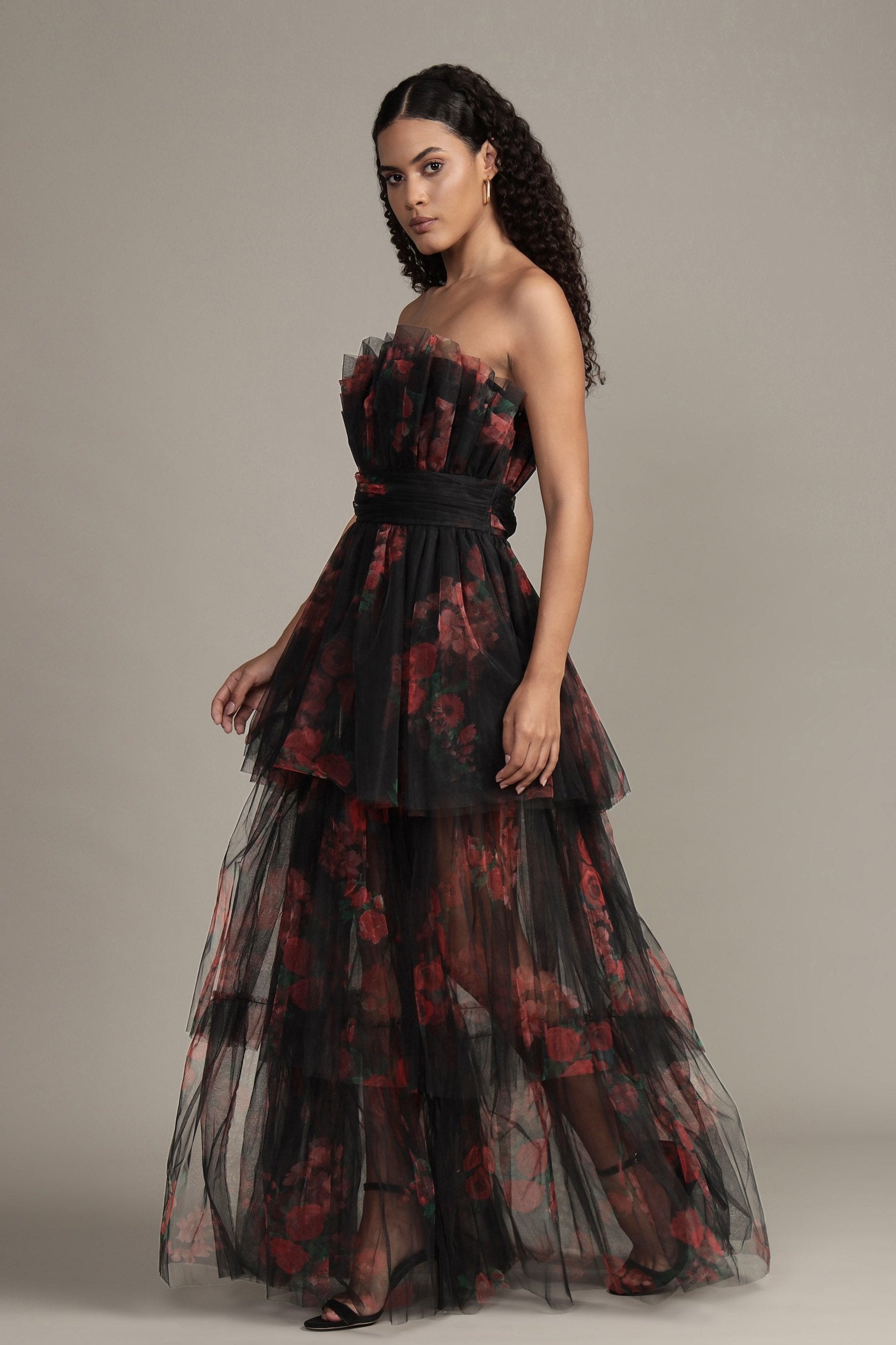 Natalia Black and Red Floral Tulle Maxi Dress for Women - Elegant Evening Gown for Weddings, Parties & Special Occasions