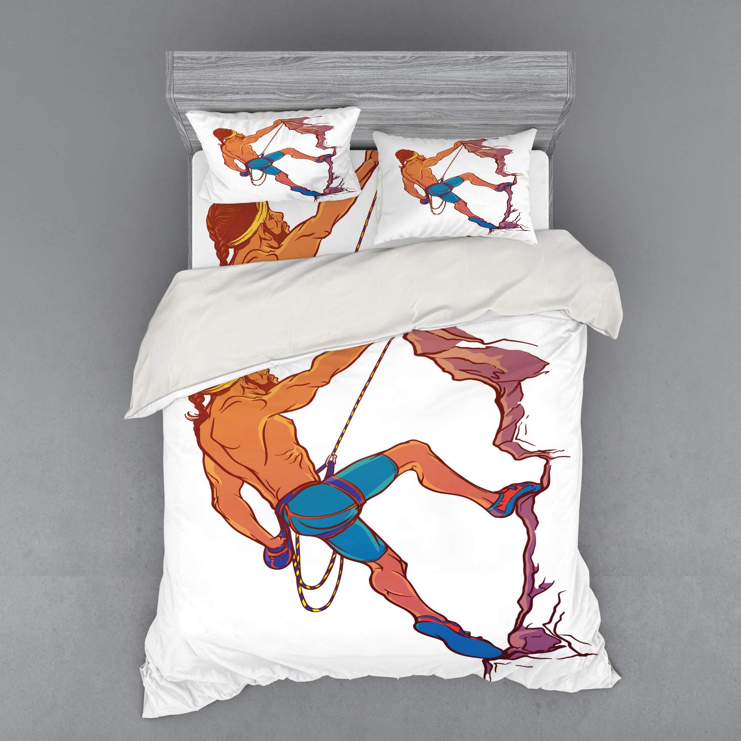 Ambesonne Indie Duvet Cover Set - Athletic Man Rock Climbing Mountain Adventure 4-Piece Bedding Set with Shams & Fitted Sheet, Queen Size, Blue Mauve Ginger - Perfect for Adventure Lovers' Bedrooms & Outdoor Enthusiast Home Decor