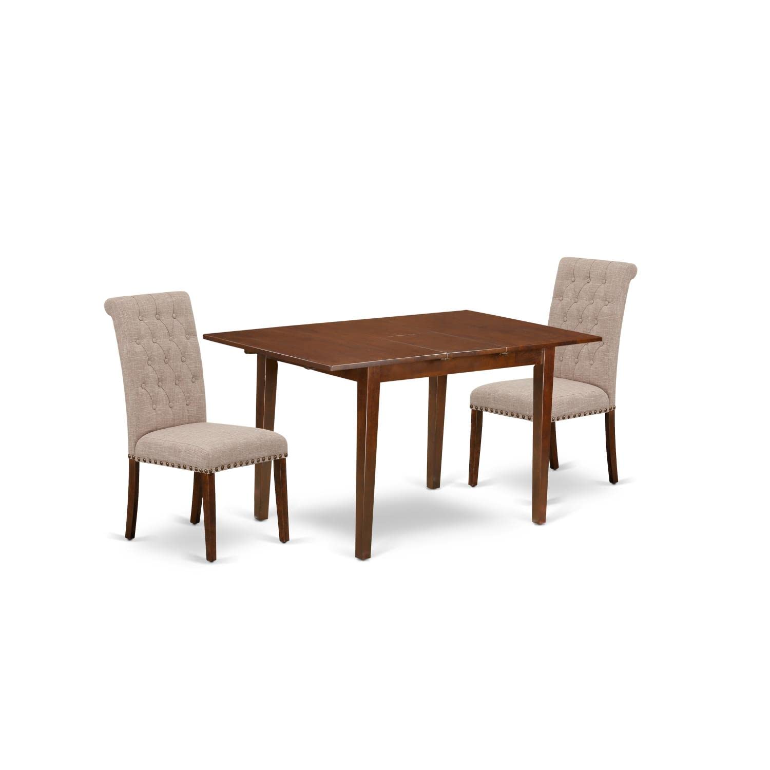 East West Furniture 3 Piece Kitchen Table & Chairs Set - 32x60 Inch Rectangle Dining Table with Butterfly Leaf & 2 Light Tan Linen Fabric Parson Chairs, Mahogany - Perfect for Small Dining Rooms, Breakfast Nooks & Compact Apartments