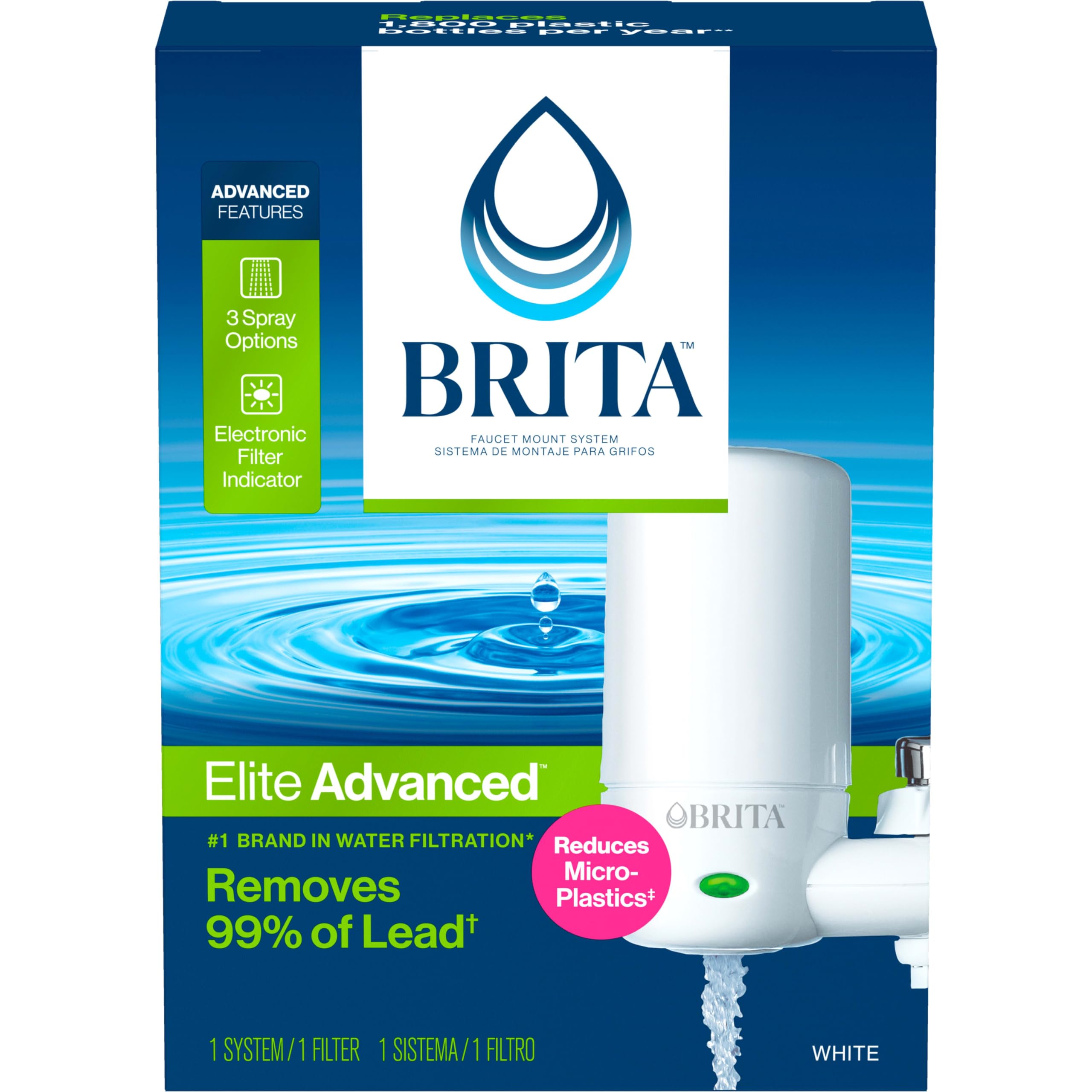 Brita Faucet Mount Water Filter System - Advanced Filtration Removes 99% Lead & Impurities, Includes 1 Replacement Filter, White - Perfect for Kitchen Sink, Home & Office Water Purification