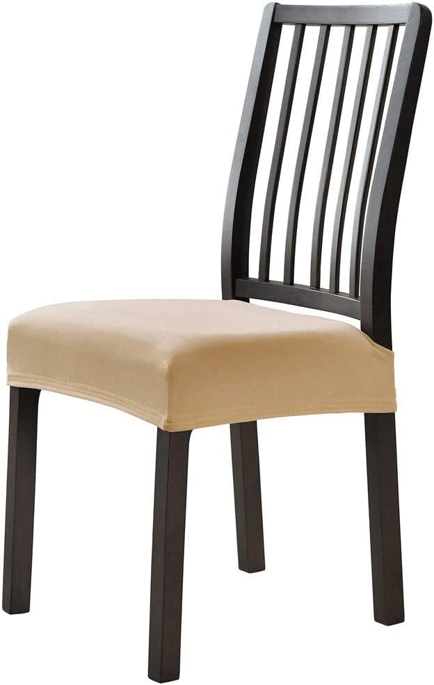 Premium Velvet Dining Chair Covers - Stretchable Upholstered Slipcovers with Soft Cushion Protectors (Set of 6, Sand Color) for Kitchen, Restaurant, Wedding & Home Decor