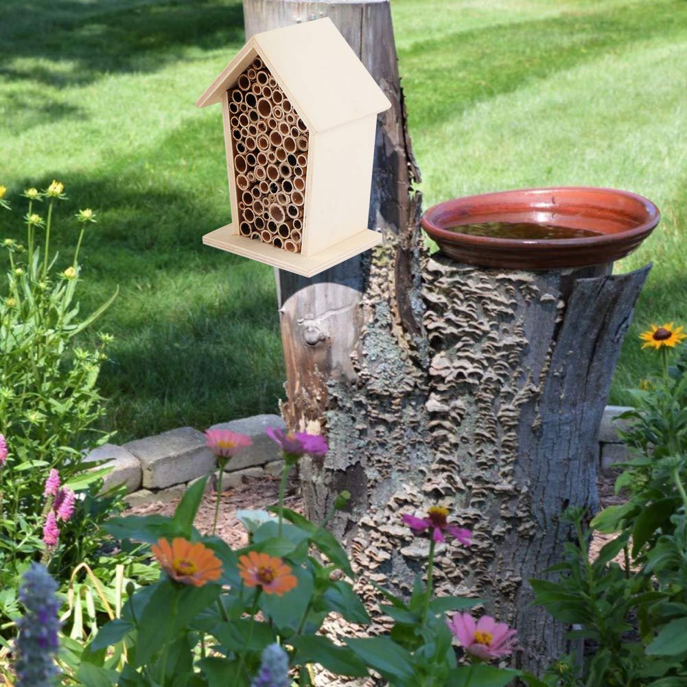 Wooden Bee House for Garden - Natural Wooden Insect Hotel with Tubular Channels, Outdoor Balcony & Patio Decoration - Attracts Pollinators for Eco-Friendly Gardening