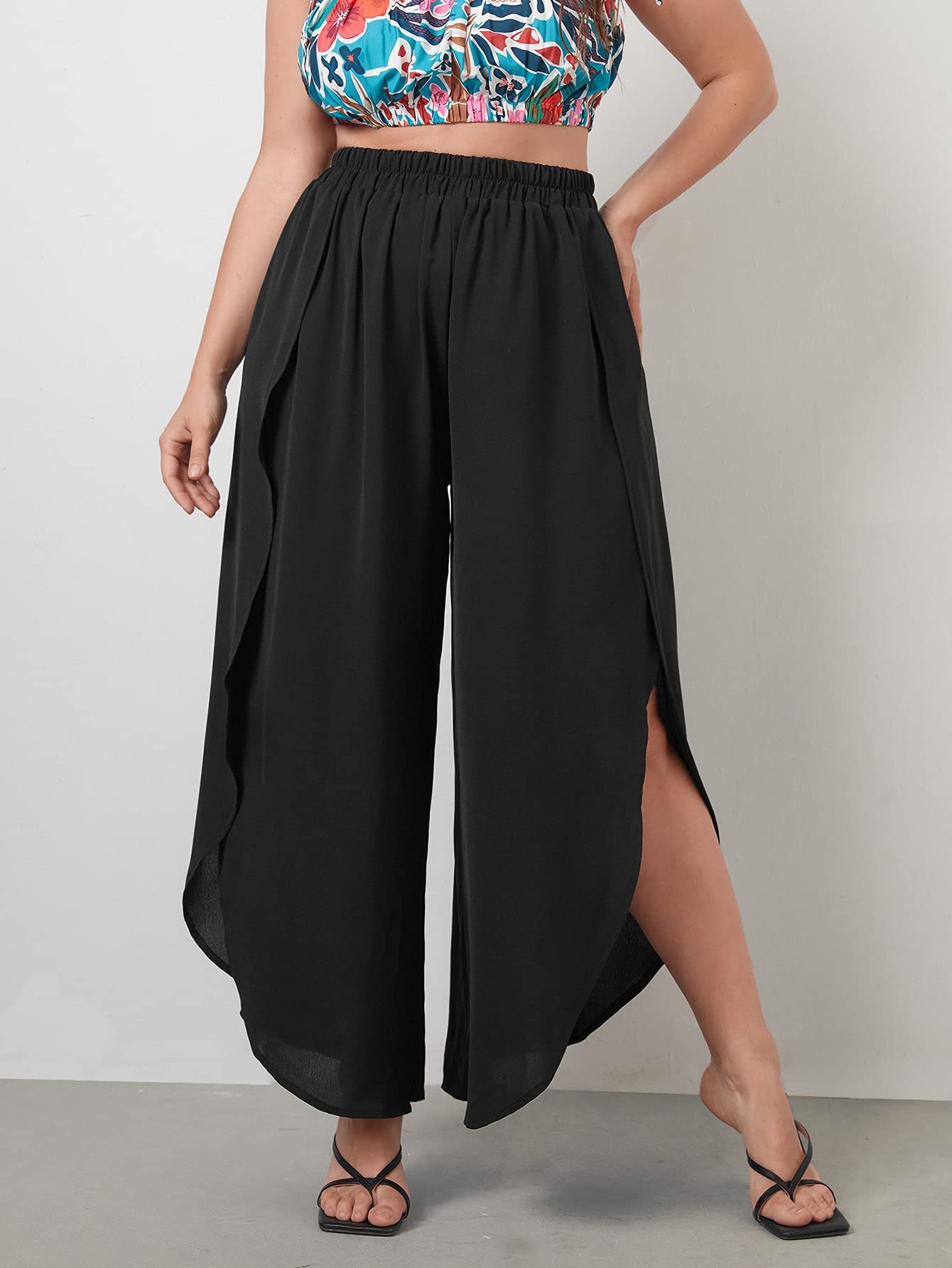 WDIRARA Women's High Waisted Wide Leg Pants - Elastic Waistband with Tie Front Wrap Design for Comfort & Style | Perfect for Office, Casual Wear & Travel