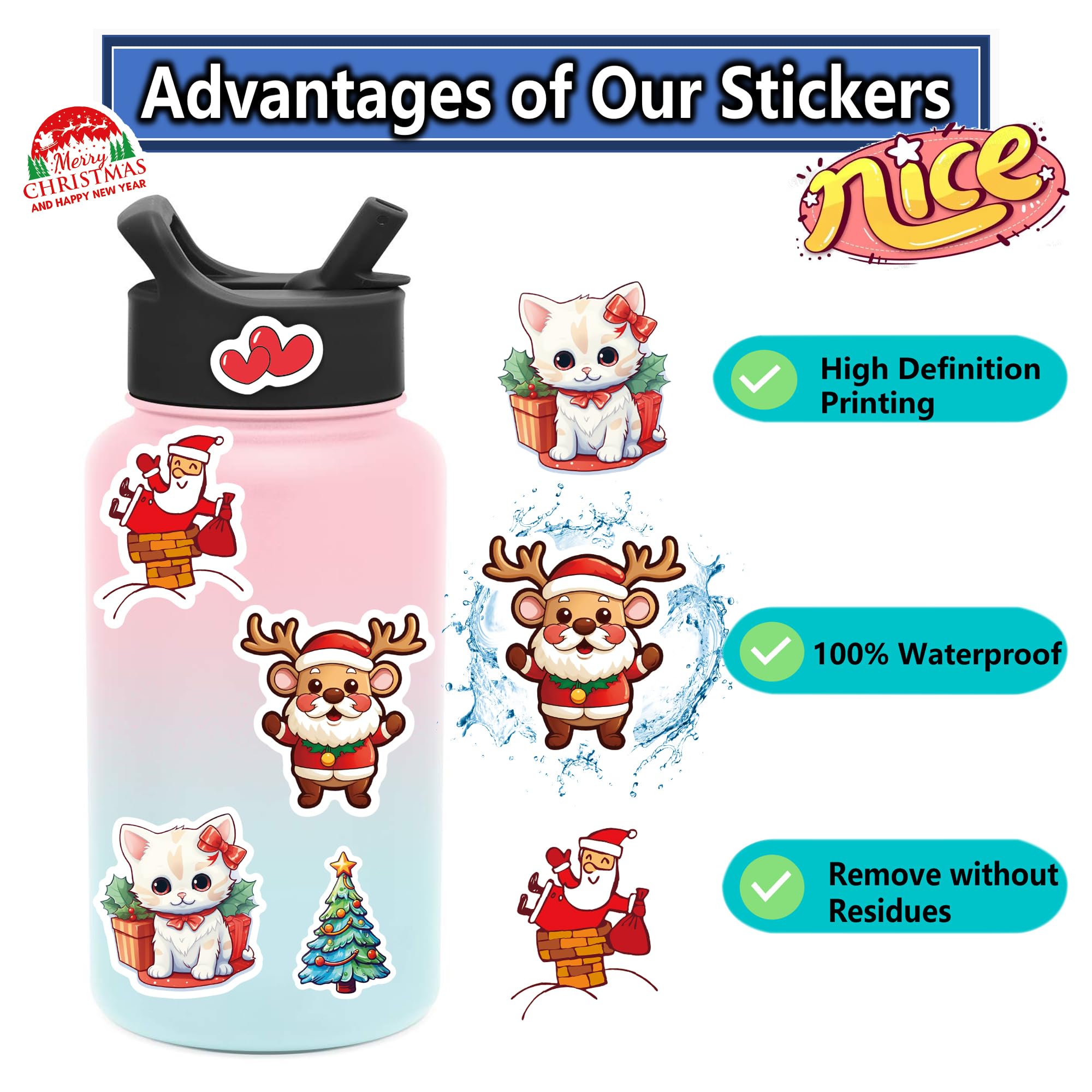 100 Pcs Christmas Stickers - Merry Christmas Vinyl Stickers for Kids, Funny Holiday Decals for Water Bottles & Gifts - 2024 Festive Party Supplies (Perfect for DIY Crafts, Scrapbooking & Holiday Decorations)
