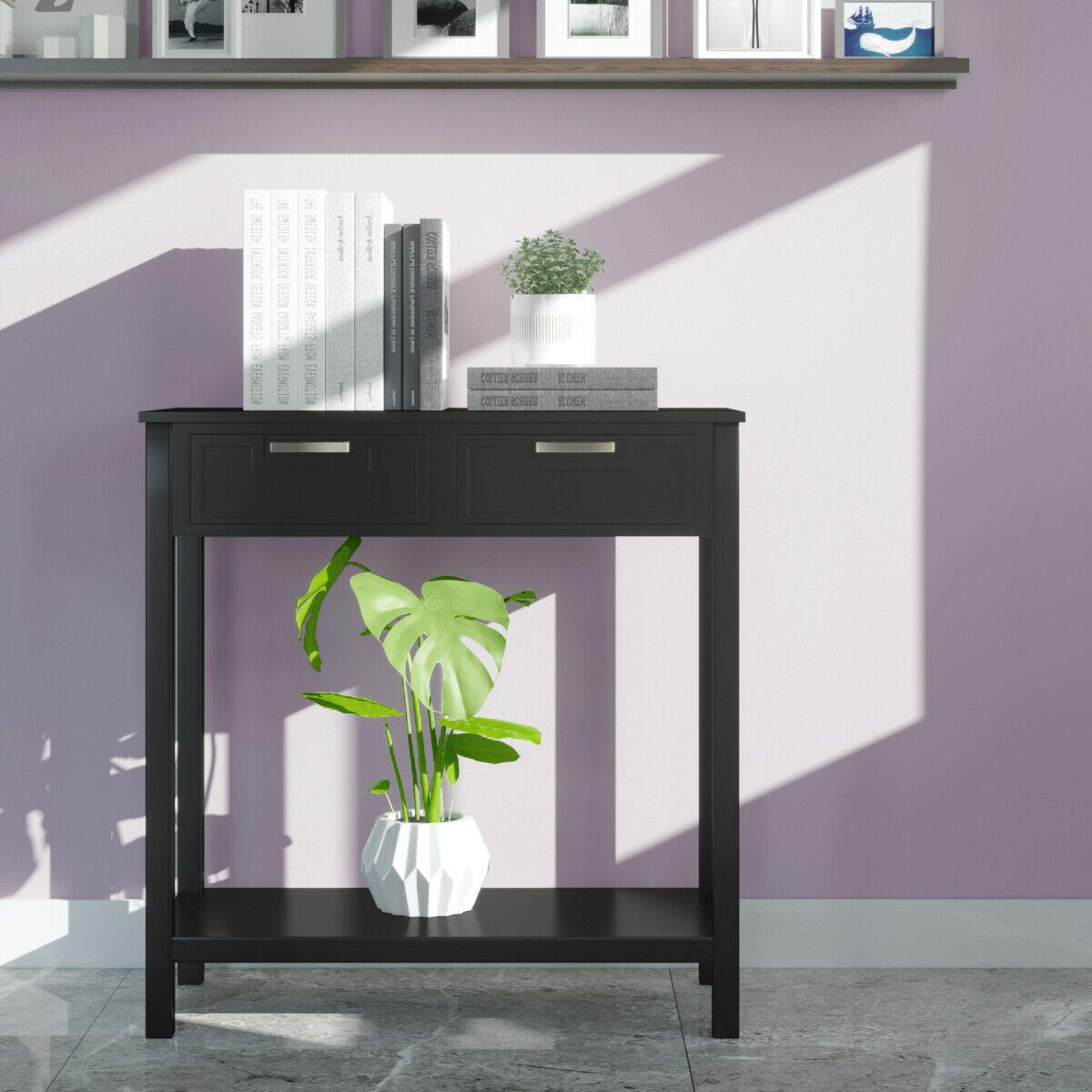 Modern Black Entryway Sofa Console Table with 2 Drawers - Sturdy Waterproof Storage Shelf for Living Room, Bedroom & Hallway - Easy to Clean Accent Furniture for Home Decor